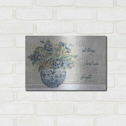 Luxe Metal Art 'I Can Do All Things Blue Vase' by Cindy Jacobs, Metal Wall Art,16x12
