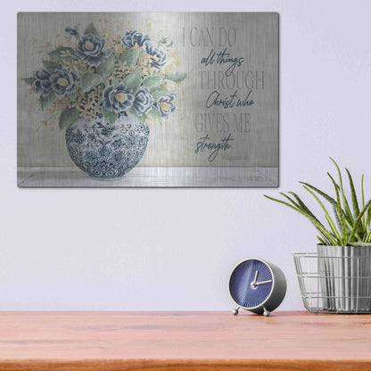 Luxe Metal Art 'I Can Do All Things Blue Vase' by Cindy Jacobs, Metal Wall Art,16x12
