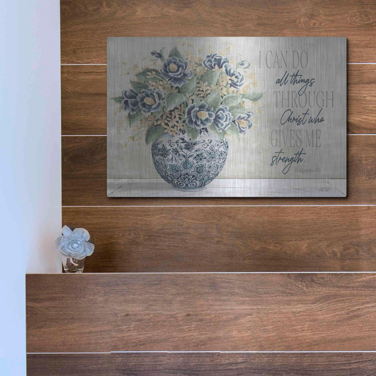 Luxe Metal Art 'I Can Do All Things Blue Vase' by Cindy Jacobs, Metal Wall Art,16x12