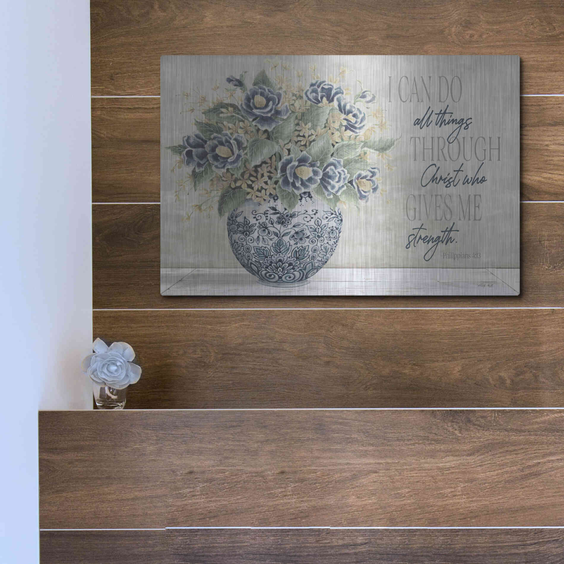 Luxe Metal Art 'I Can Do All Things Blue Vase' by Cindy Jacobs, Metal Wall Art,16x12