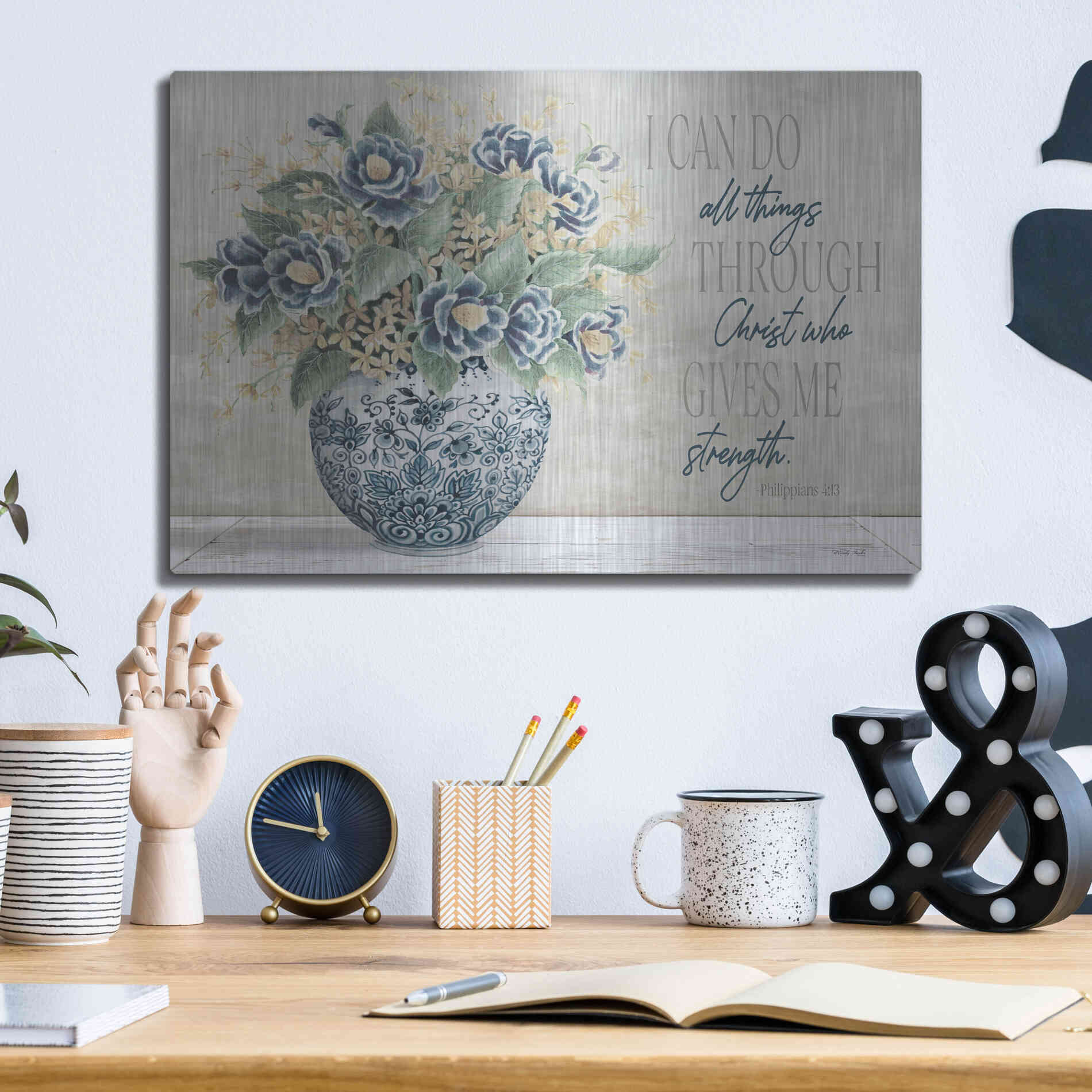 Luxe Metal Art 'I Can Do All Things Blue Vase' by Cindy Jacobs, Metal Wall Art,16x12