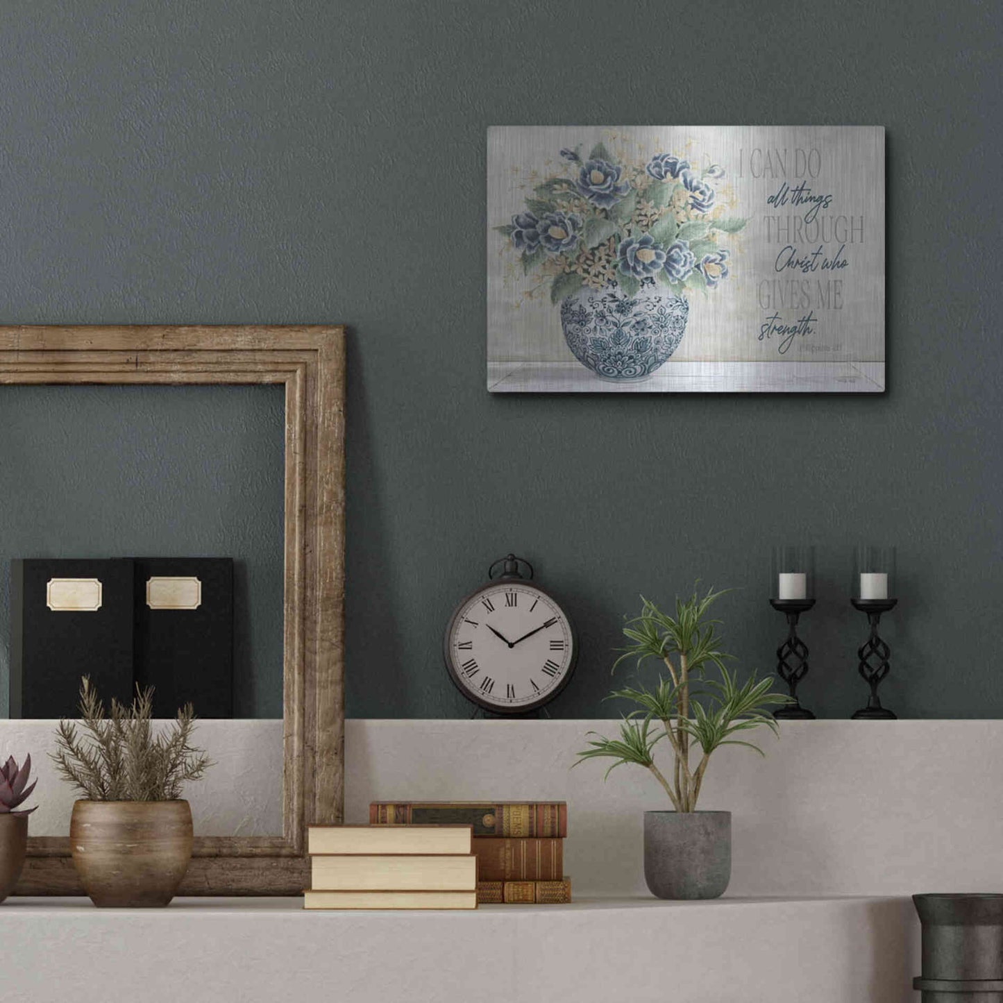 Luxe Metal Art 'I Can Do All Things Blue Vase' by Cindy Jacobs, Metal Wall Art,16x12