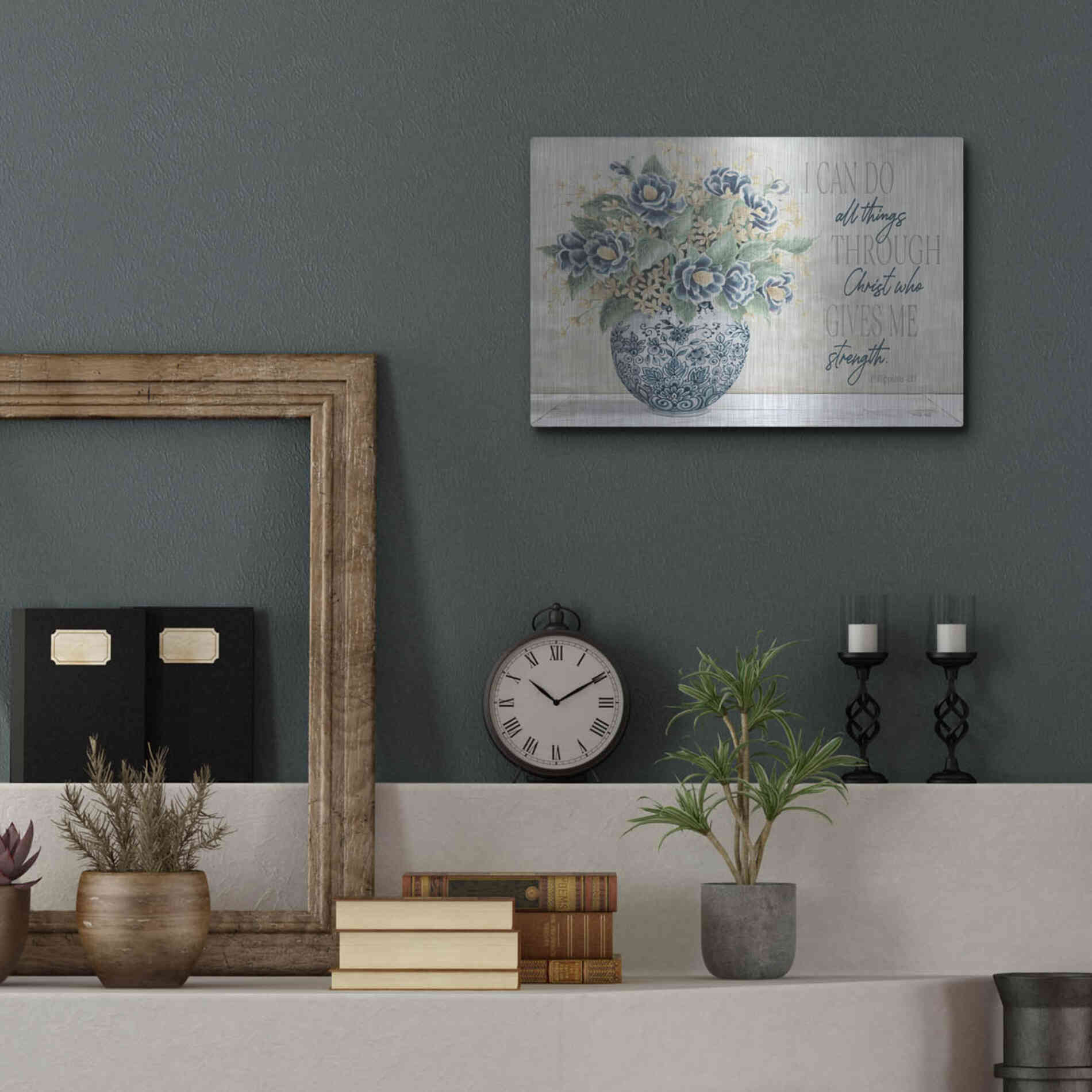 Luxe Metal Art 'I Can Do All Things Blue Vase' by Cindy Jacobs, Metal Wall Art,16x12