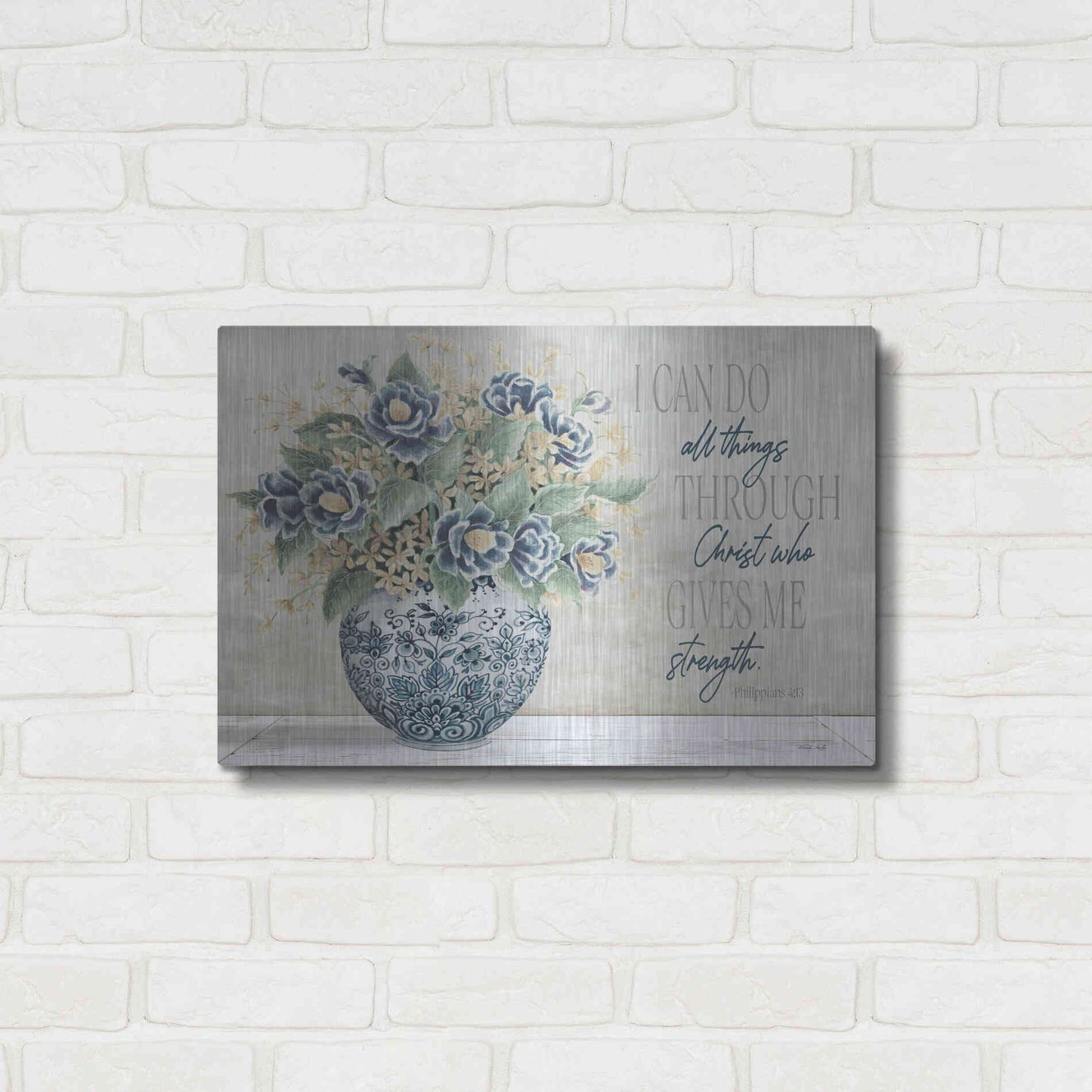 Luxe Metal Art 'I Can Do All Things Blue Vase' by Cindy Jacobs, Metal Wall Art,24x16