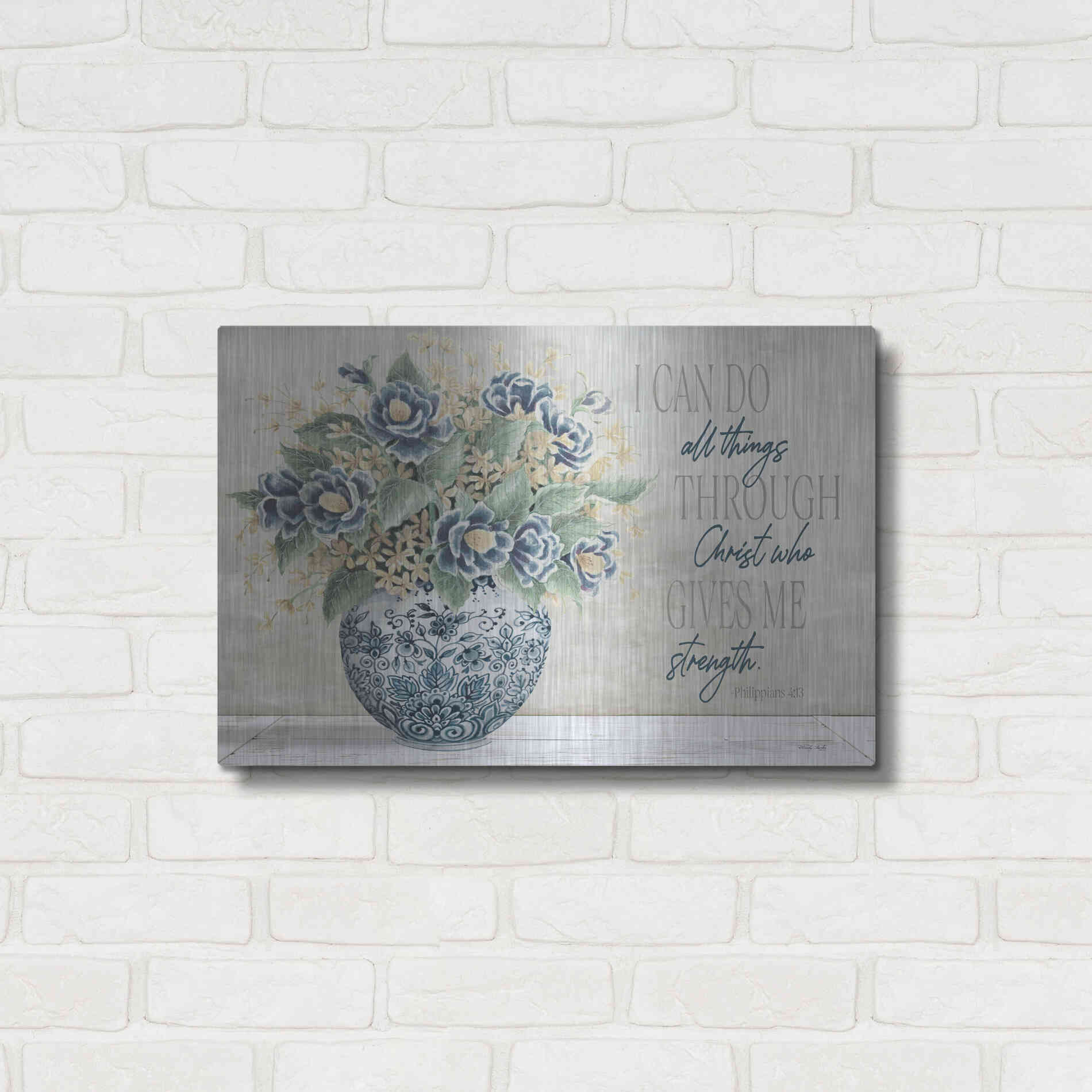 Luxe Metal Art 'I Can Do All Things Blue Vase' by Cindy Jacobs, Metal Wall Art,24x16