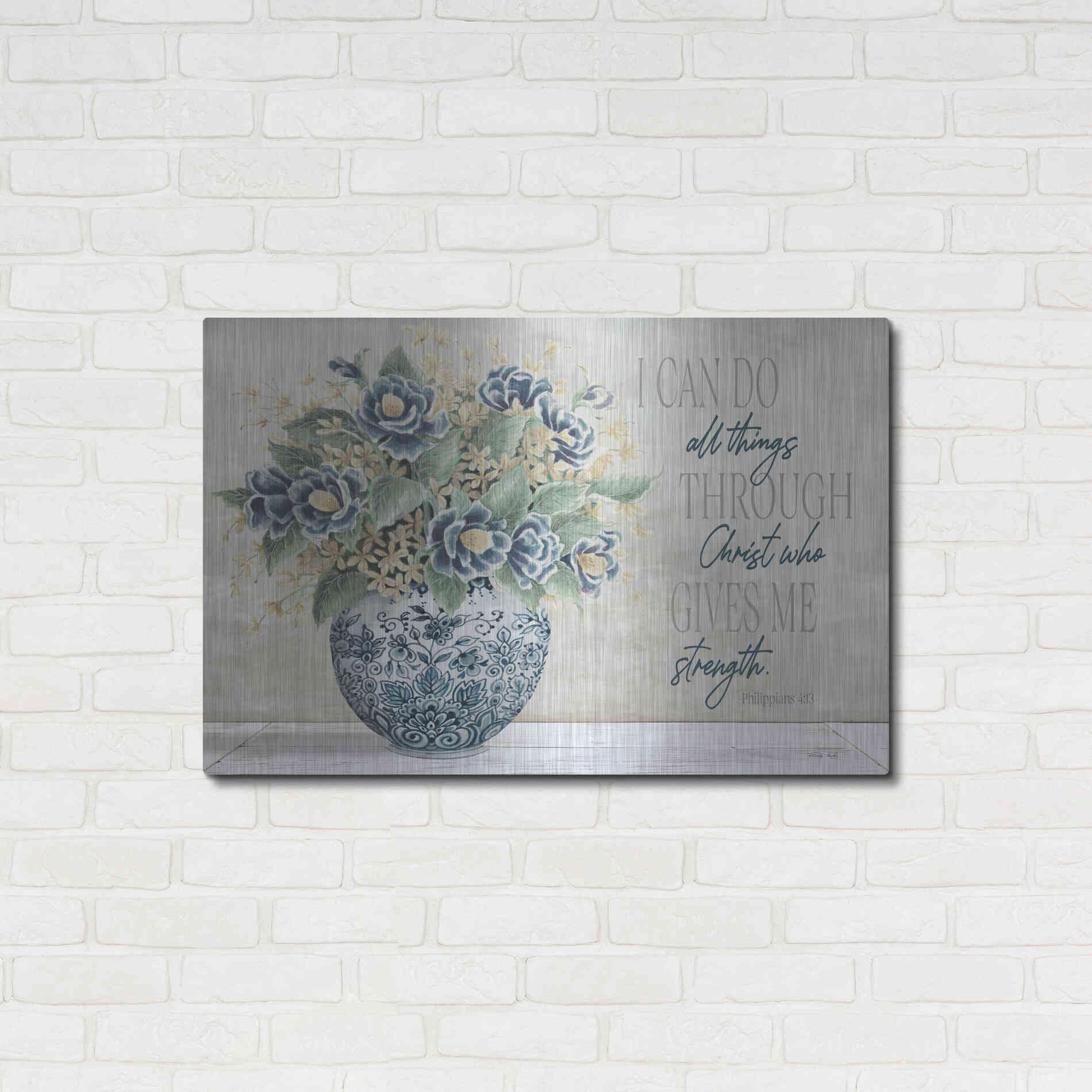 Luxe Metal Art 'I Can Do All Things Blue Vase' by Cindy Jacobs, Metal Wall Art,36x24