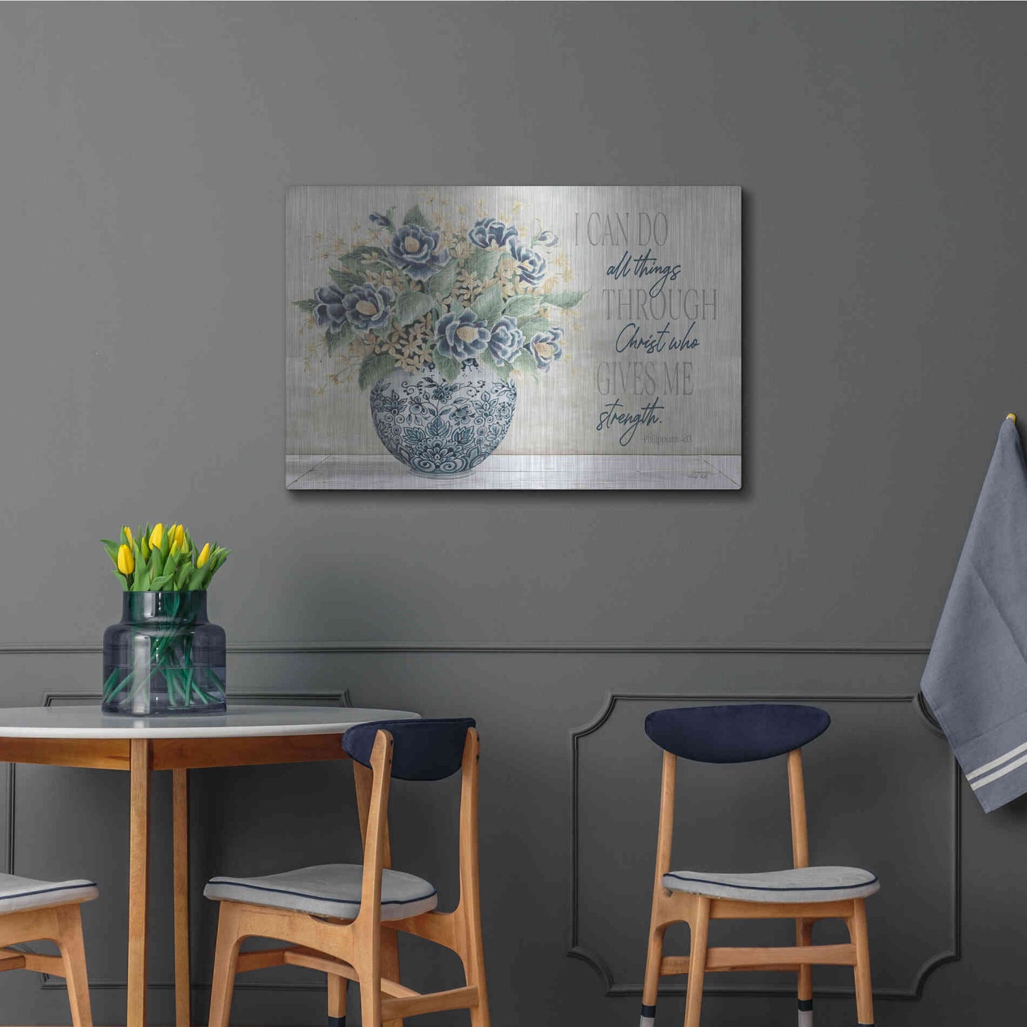 Luxe Metal Art 'I Can Do All Things Blue Vase' by Cindy Jacobs, Metal Wall Art,36x24