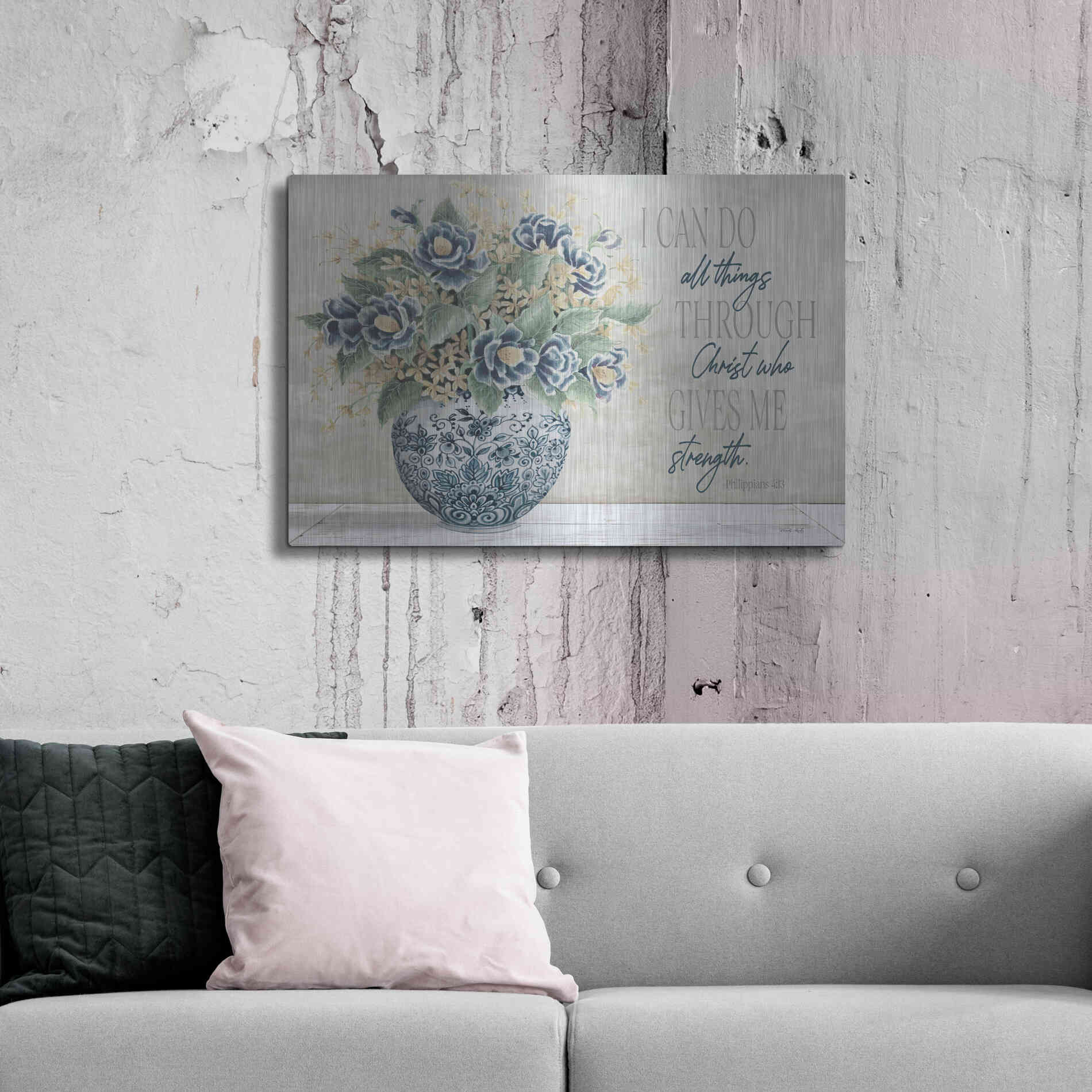 Luxe Metal Art 'I Can Do All Things Blue Vase' by Cindy Jacobs, Metal Wall Art,36x24