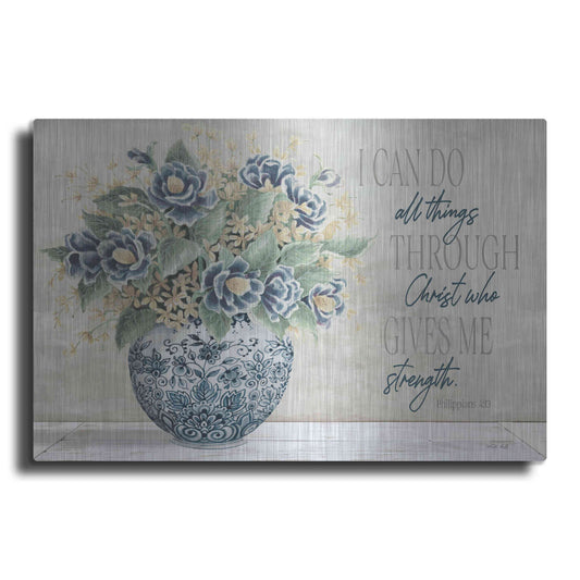 Luxe Metal Art 'I Can Do All Things Blue Vase' by Cindy Jacobs, Metal Wall Art