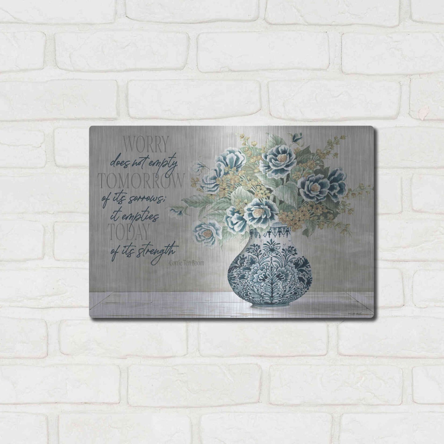 Luxe Metal Art 'Don't Worry Blue Vase' by Cindy Jacobs, Metal Wall Art,16x12