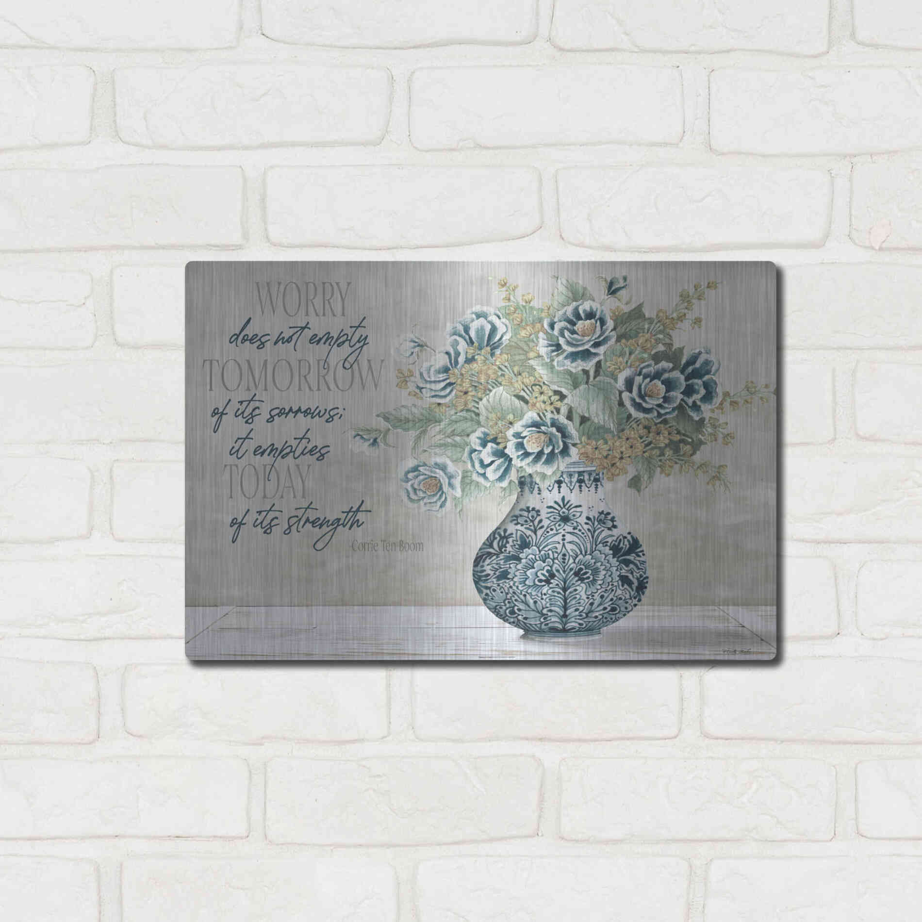 Luxe Metal Art 'Don't Worry Blue Vase' by Cindy Jacobs, Metal Wall Art,16x12