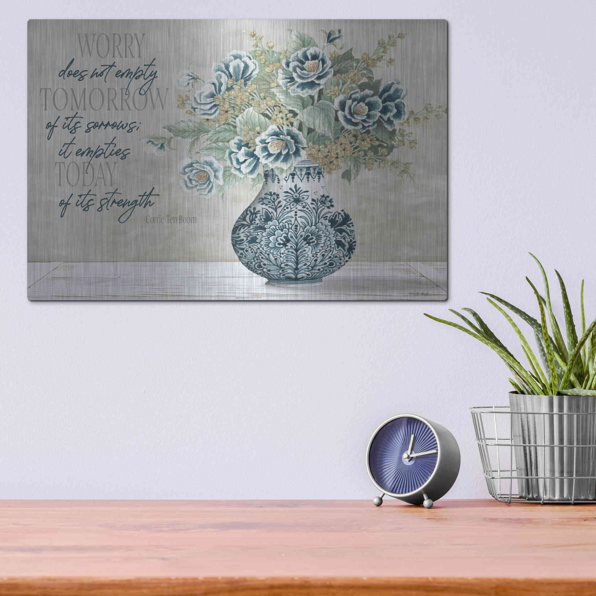 Luxe Metal Art 'Don't Worry Blue Vase' by Cindy Jacobs, Metal Wall Art,16x12