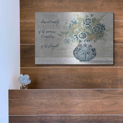 Luxe Metal Art 'Don't Worry Blue Vase' by Cindy Jacobs, Metal Wall Art,16x12