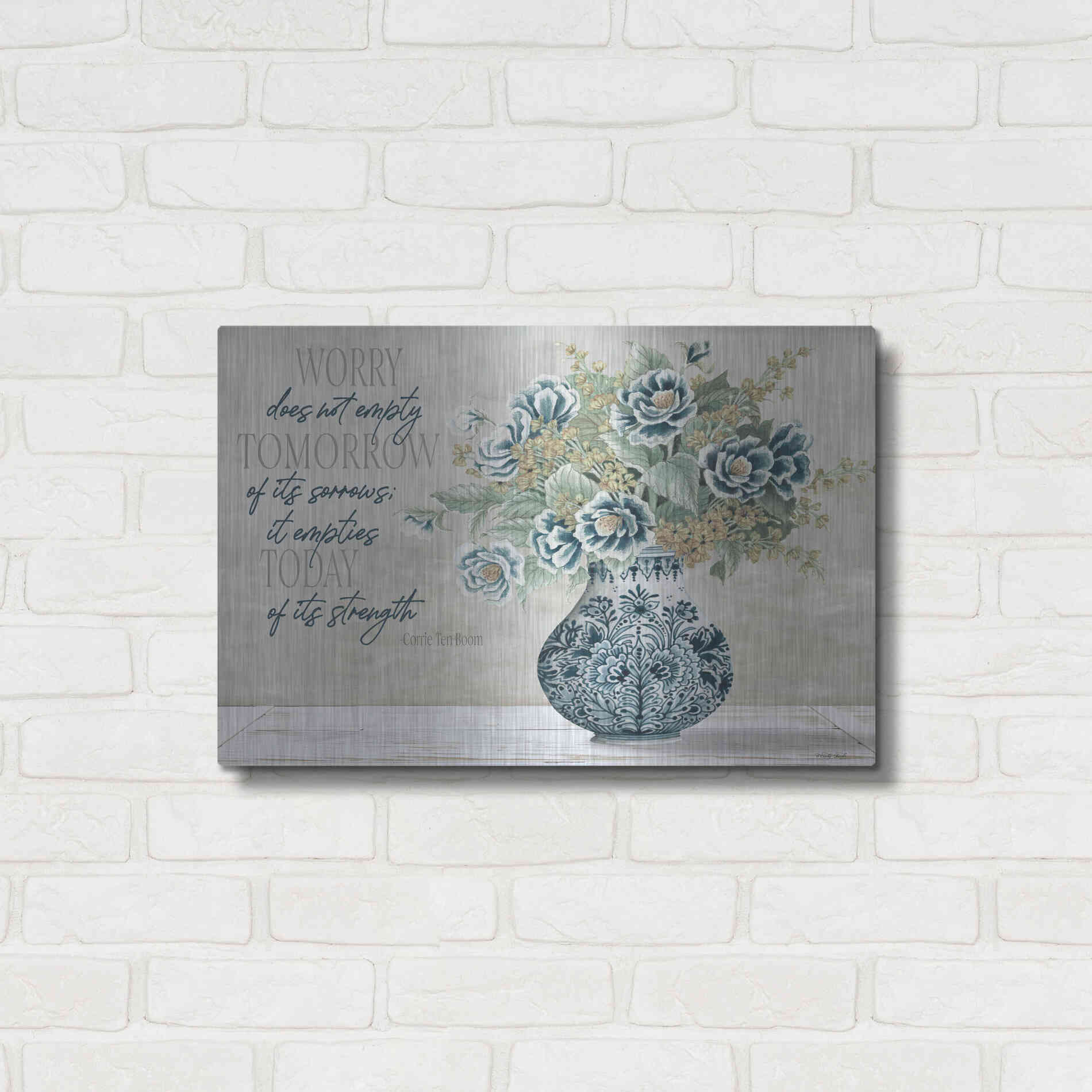 Luxe Metal Art 'Don't Worry Blue Vase' by Cindy Jacobs, Metal Wall Art,24x16