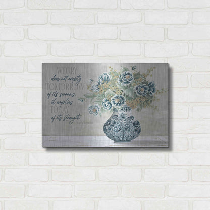 Luxe Metal Art 'Don't Worry Blue Vase' by Cindy Jacobs, Metal Wall Art,24x16