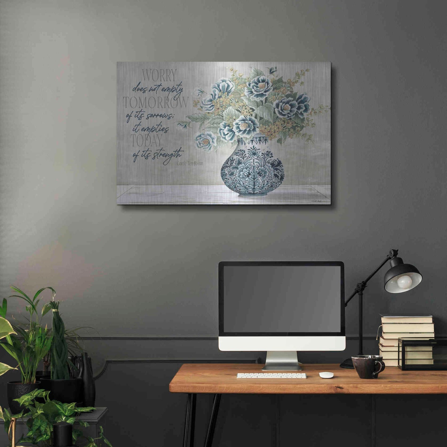 Luxe Metal Art 'Don't Worry Blue Vase' by Cindy Jacobs, Metal Wall Art,36x24