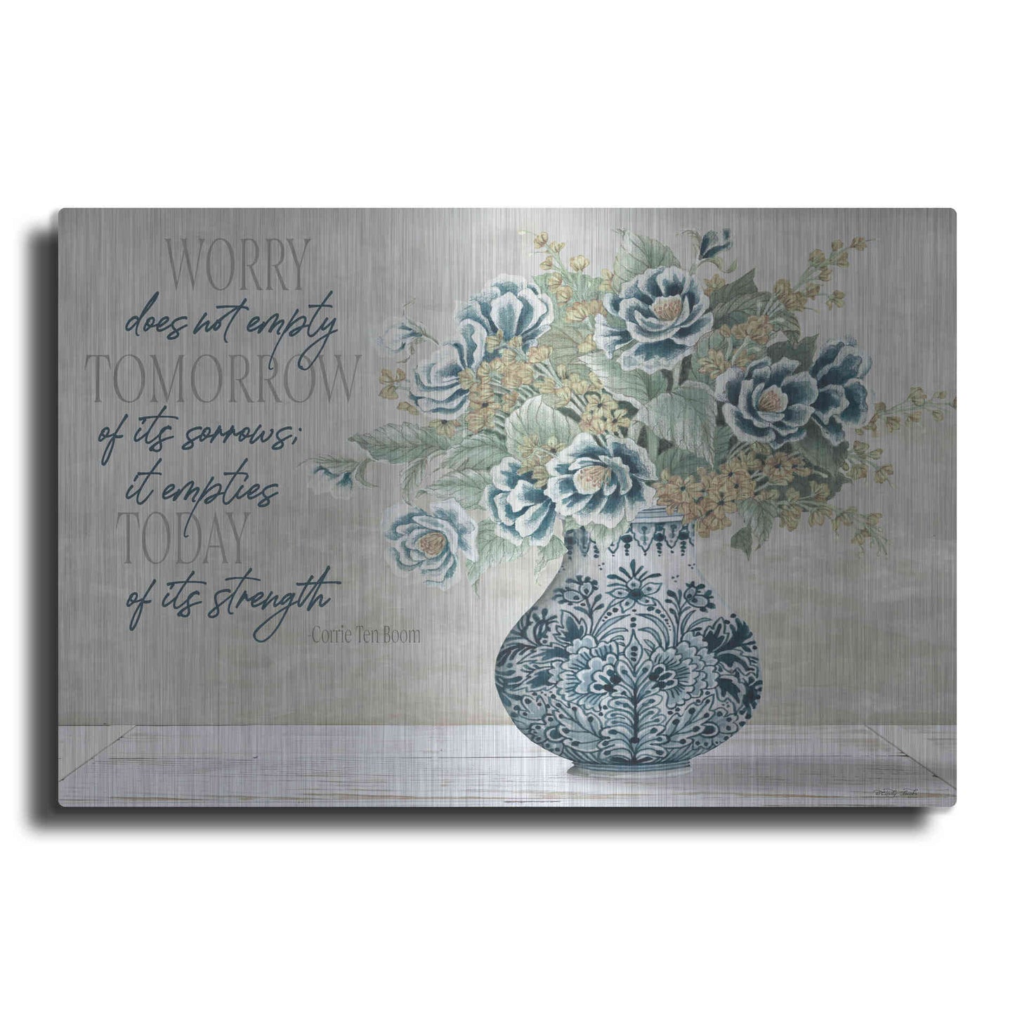 Luxe Metal Art 'Don't Worry Blue Vase' by Cindy Jacobs, Metal Wall Art