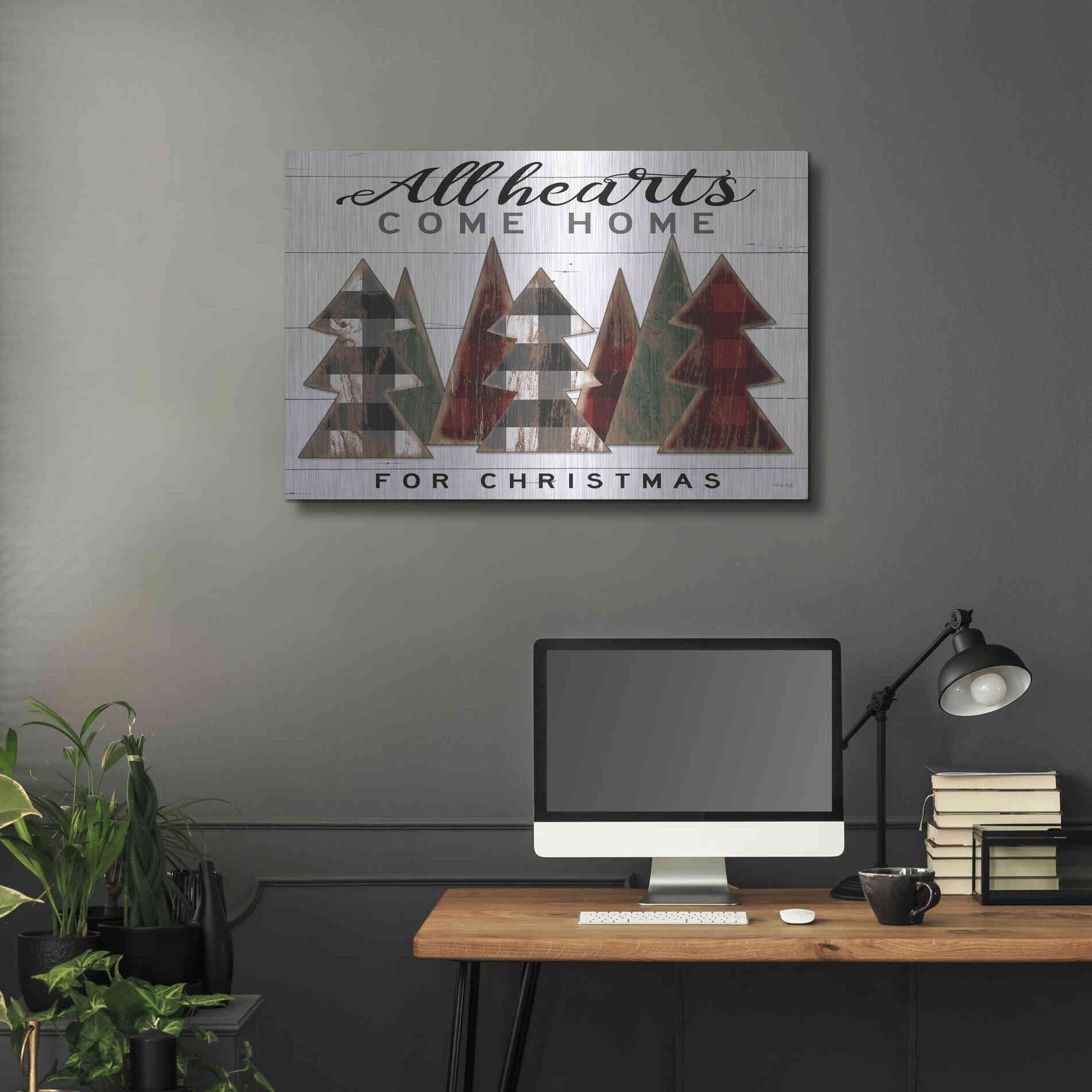 Luxe Metal Art 'All Hearts Come Home Plaid Trees' by Cindy Jacobs, Metal Wall Art,36x24