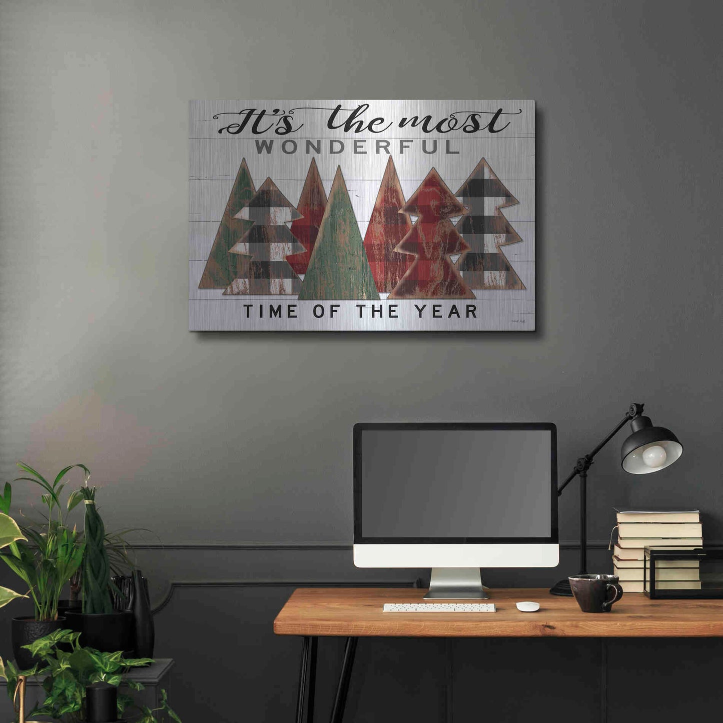 Luxe Metal Art 'It's the Most Wonderful Time Plaid Trees' by Cindy Jacobs, Metal Wall Art,36x24