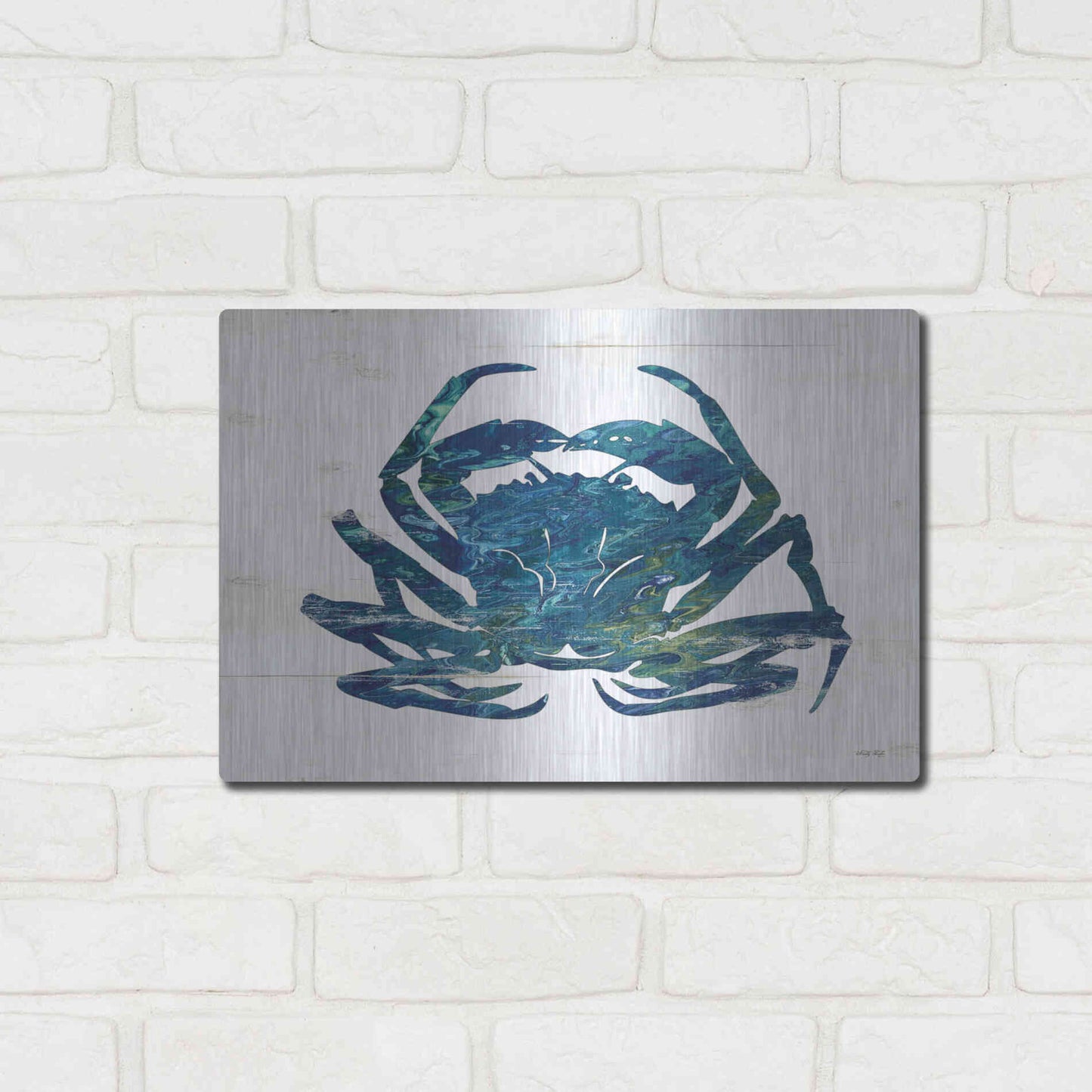Luxe Metal Art 'Blue Coastal Crab' by Cindy Jacobs, Metal Wall Art,16x12