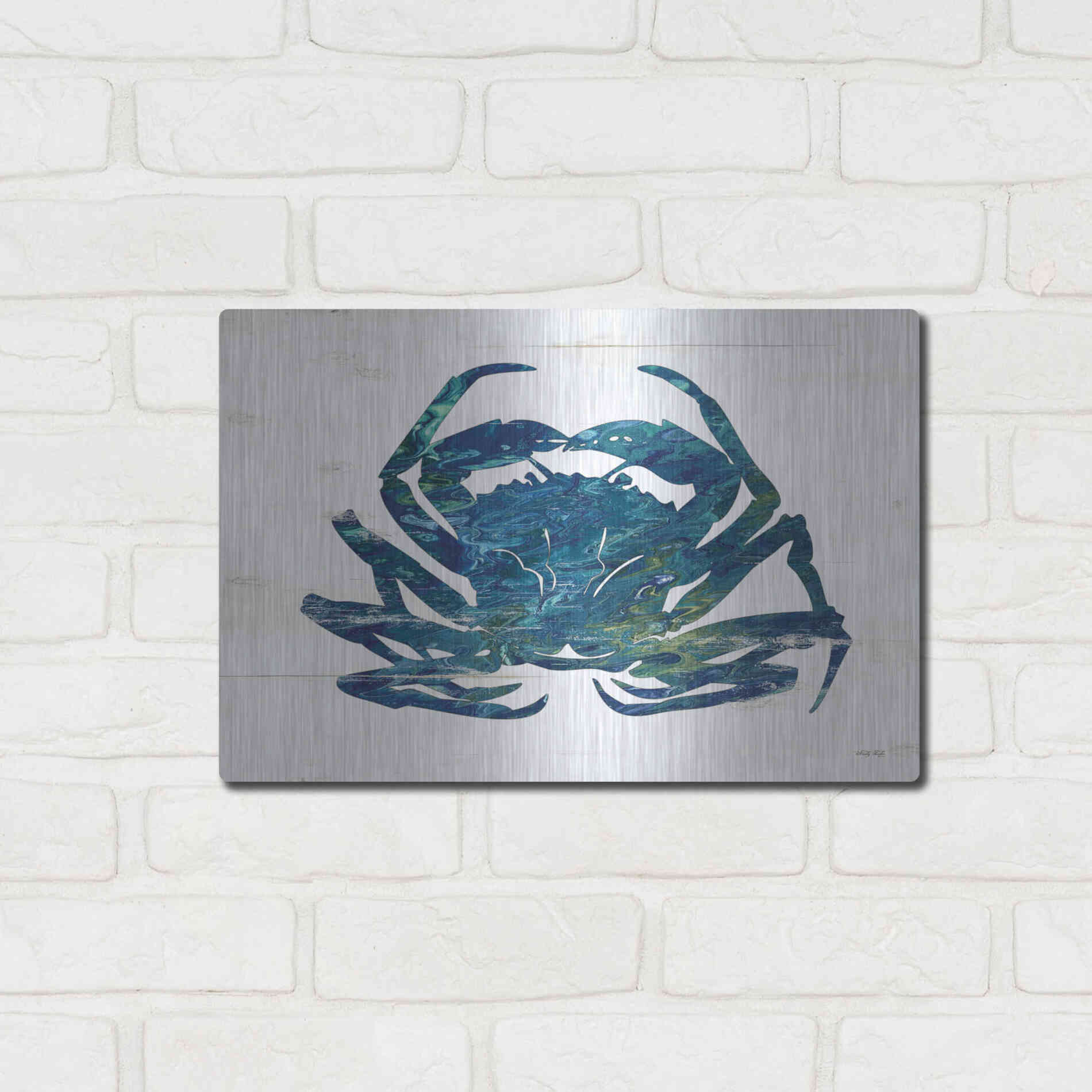 Luxe Metal Art 'Blue Coastal Crab' by Cindy Jacobs, Metal Wall Art,16x12