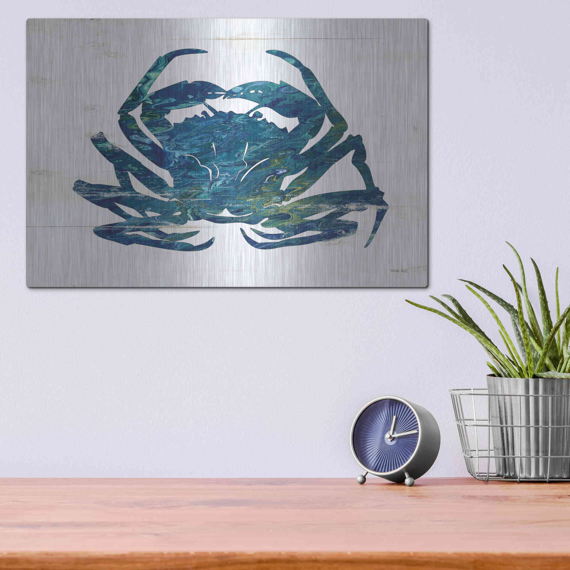 Luxe Metal Art 'Blue Coastal Crab' by Cindy Jacobs, Metal Wall Art,16x12