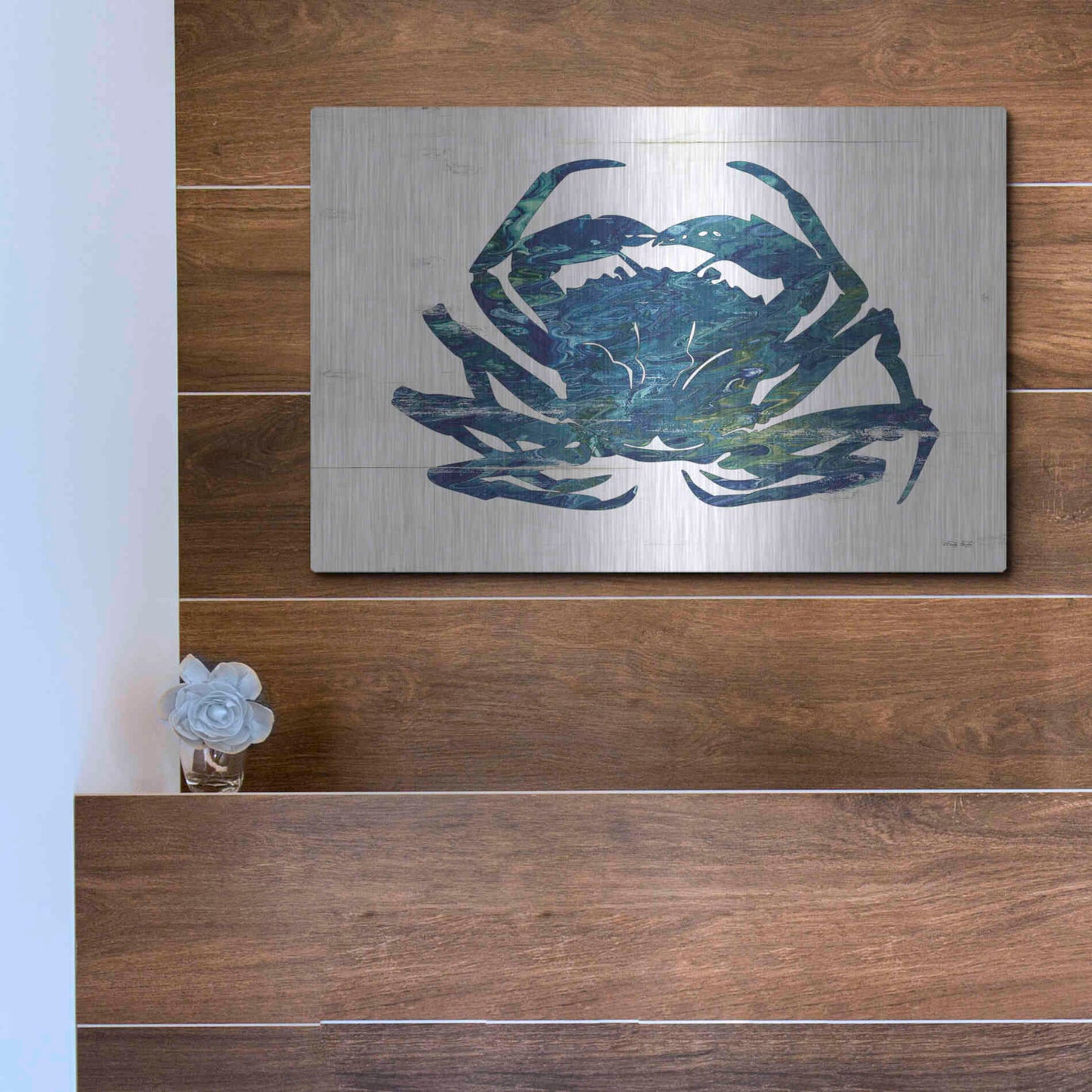 Luxe Metal Art 'Blue Coastal Crab' by Cindy Jacobs, Metal Wall Art,16x12