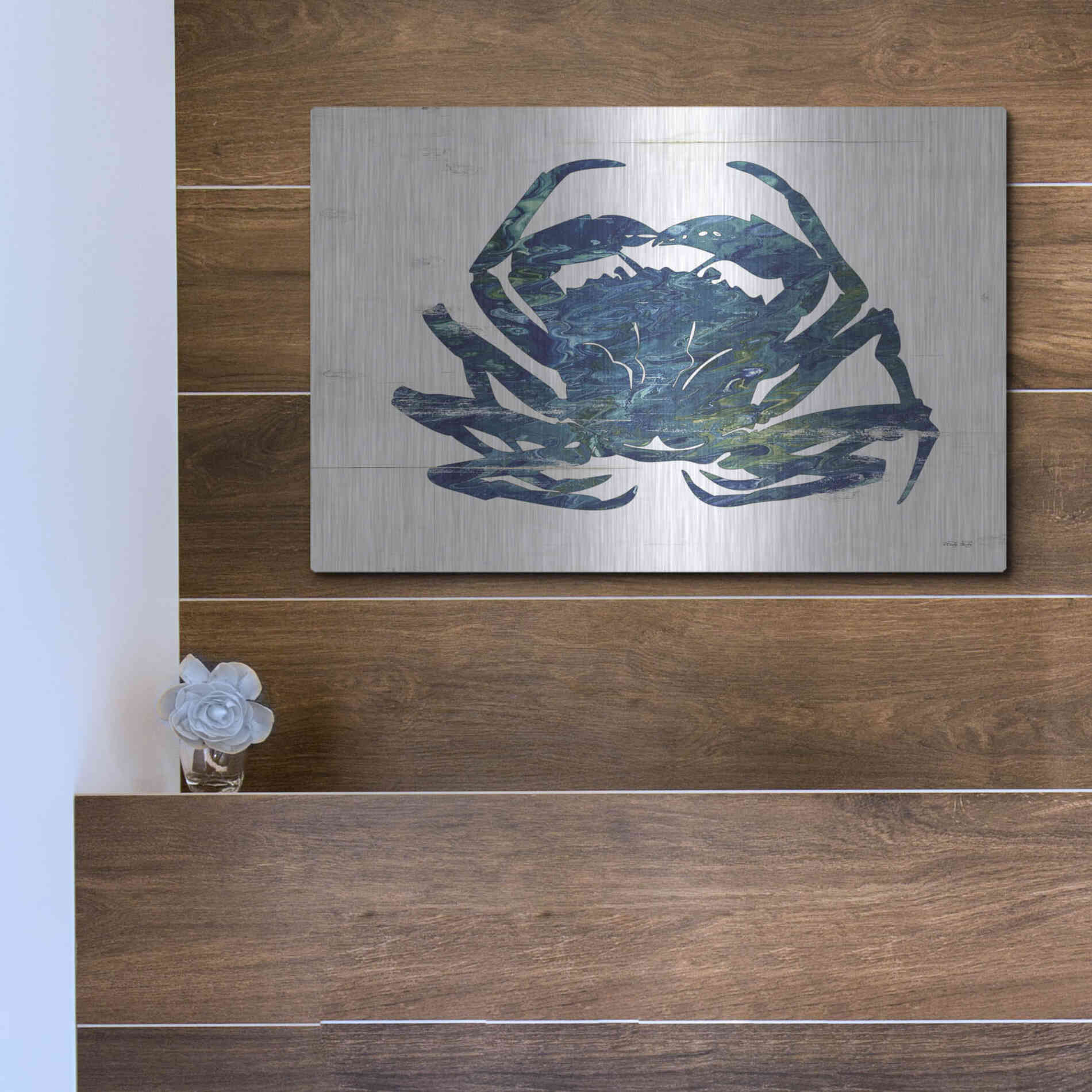 Luxe Metal Art 'Blue Coastal Crab' by Cindy Jacobs, Metal Wall Art,16x12