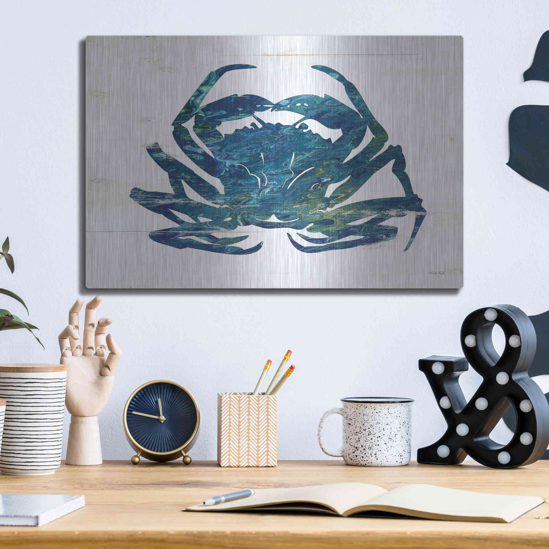 Luxe Metal Art 'Blue Coastal Crab' by Cindy Jacobs, Metal Wall Art,16x12