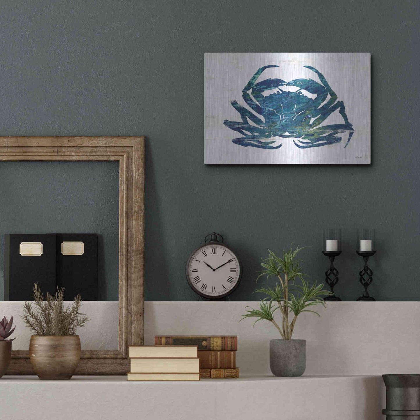 Luxe Metal Art 'Blue Coastal Crab' by Cindy Jacobs, Metal Wall Art,16x12