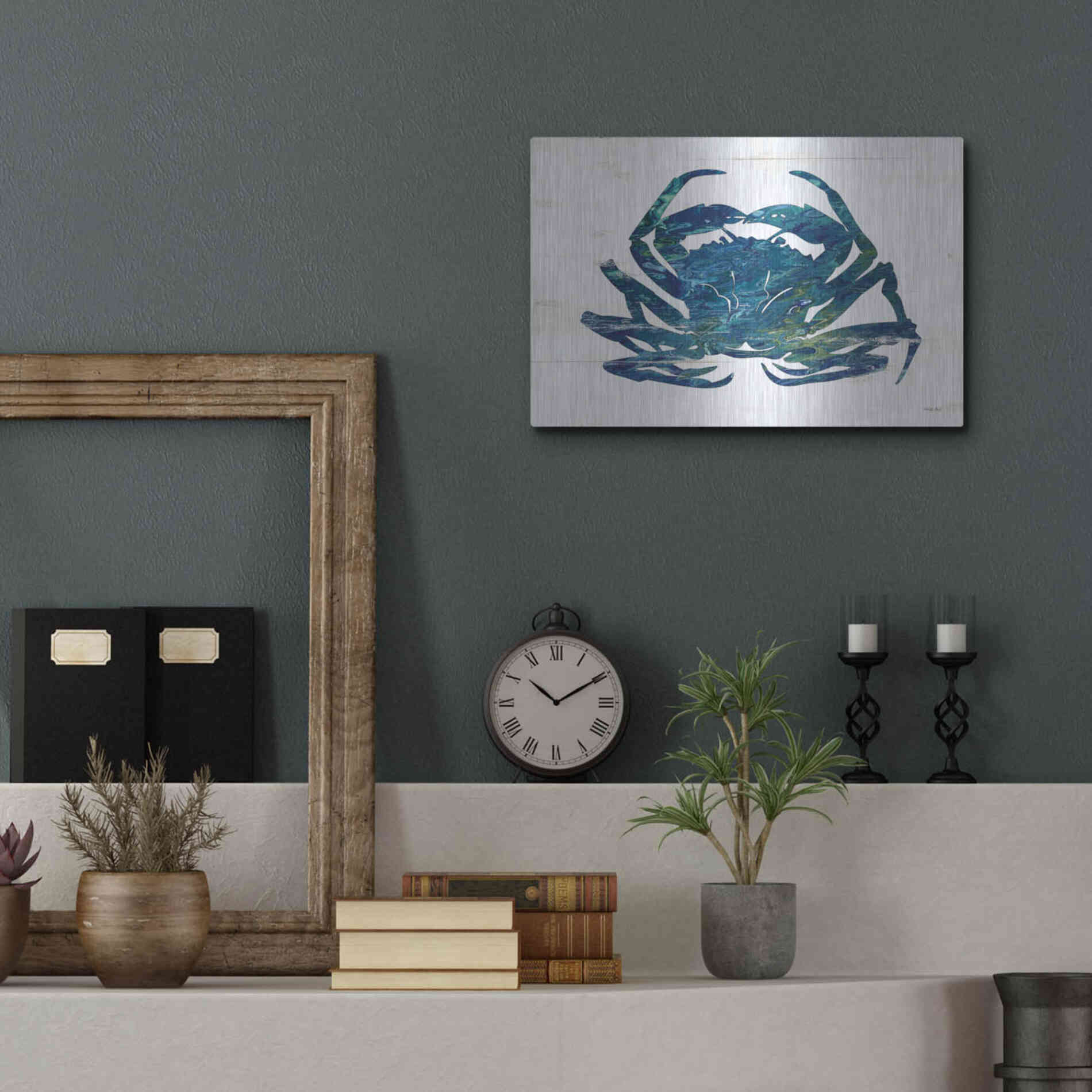 Luxe Metal Art 'Blue Coastal Crab' by Cindy Jacobs, Metal Wall Art,16x12