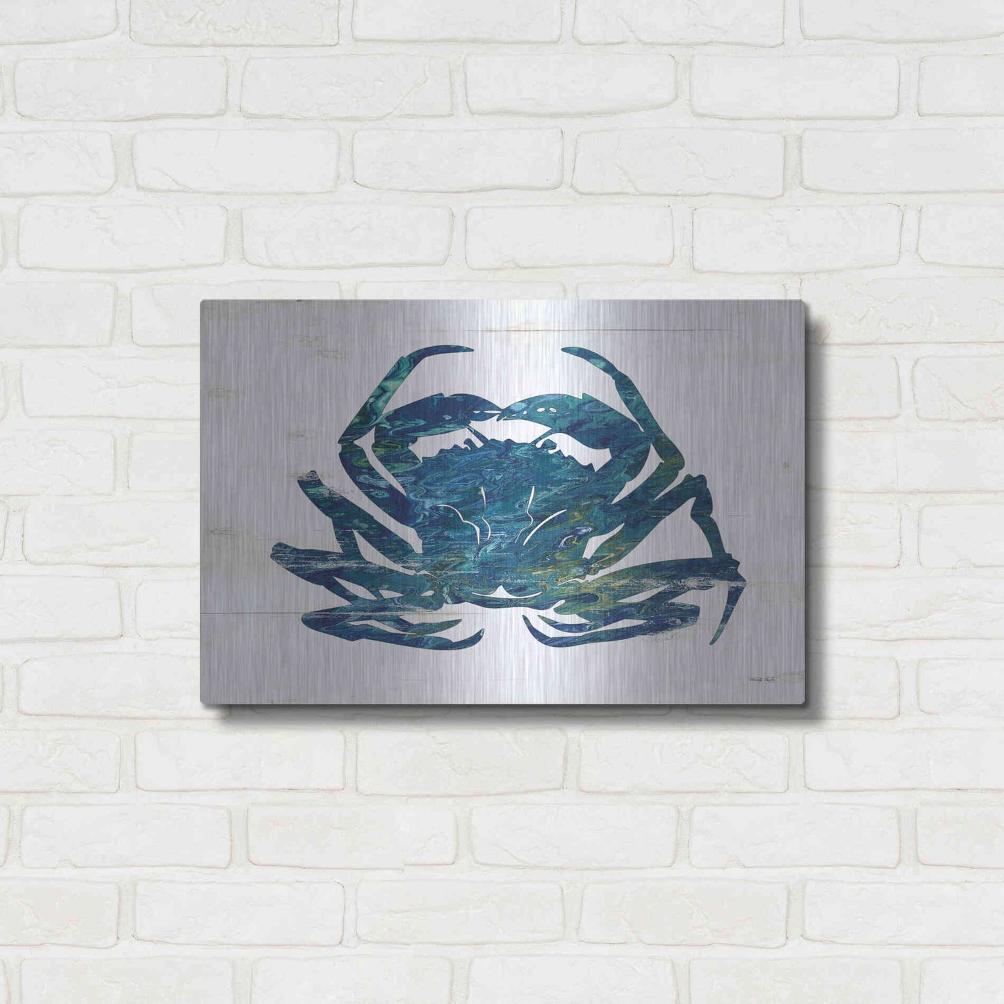 Luxe Metal Art 'Blue Coastal Crab' by Cindy Jacobs, Metal Wall Art,24x16