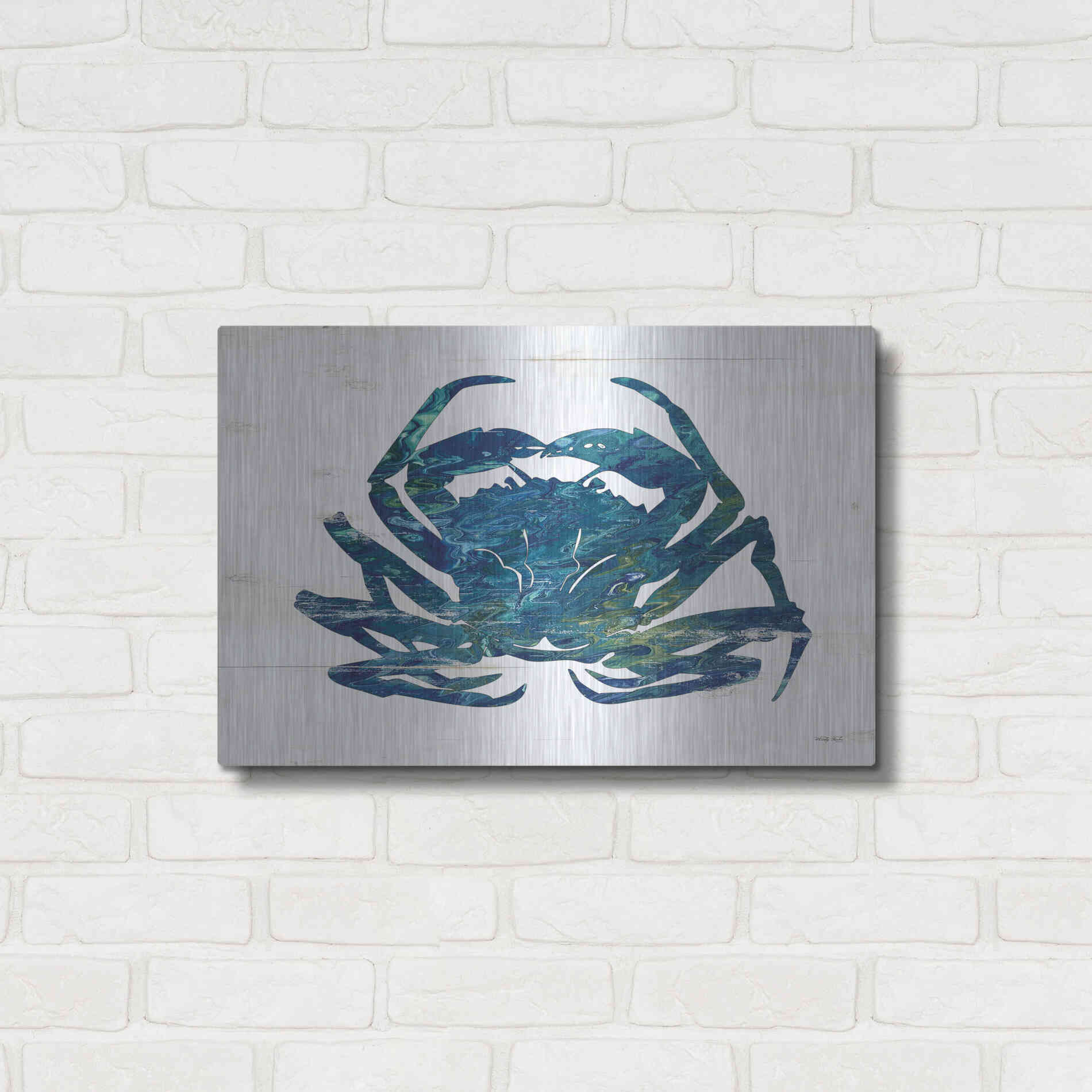 Luxe Metal Art 'Blue Coastal Crab' by Cindy Jacobs, Metal Wall Art,24x16