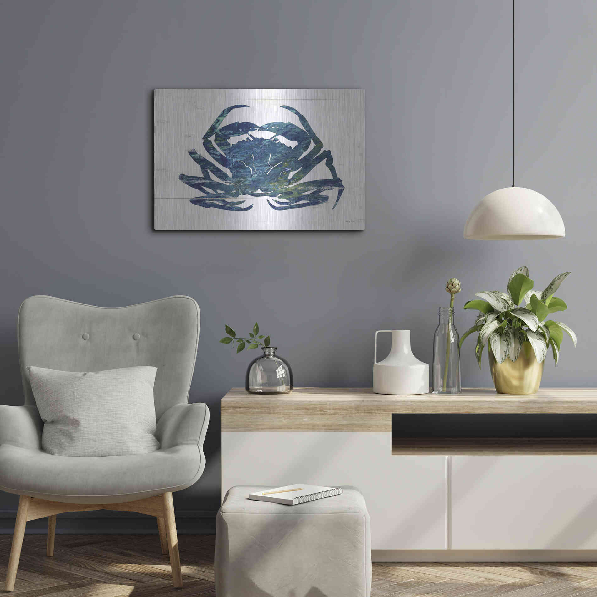 Luxe Metal Art 'Blue Coastal Crab' by Cindy Jacobs, Metal Wall Art,24x16