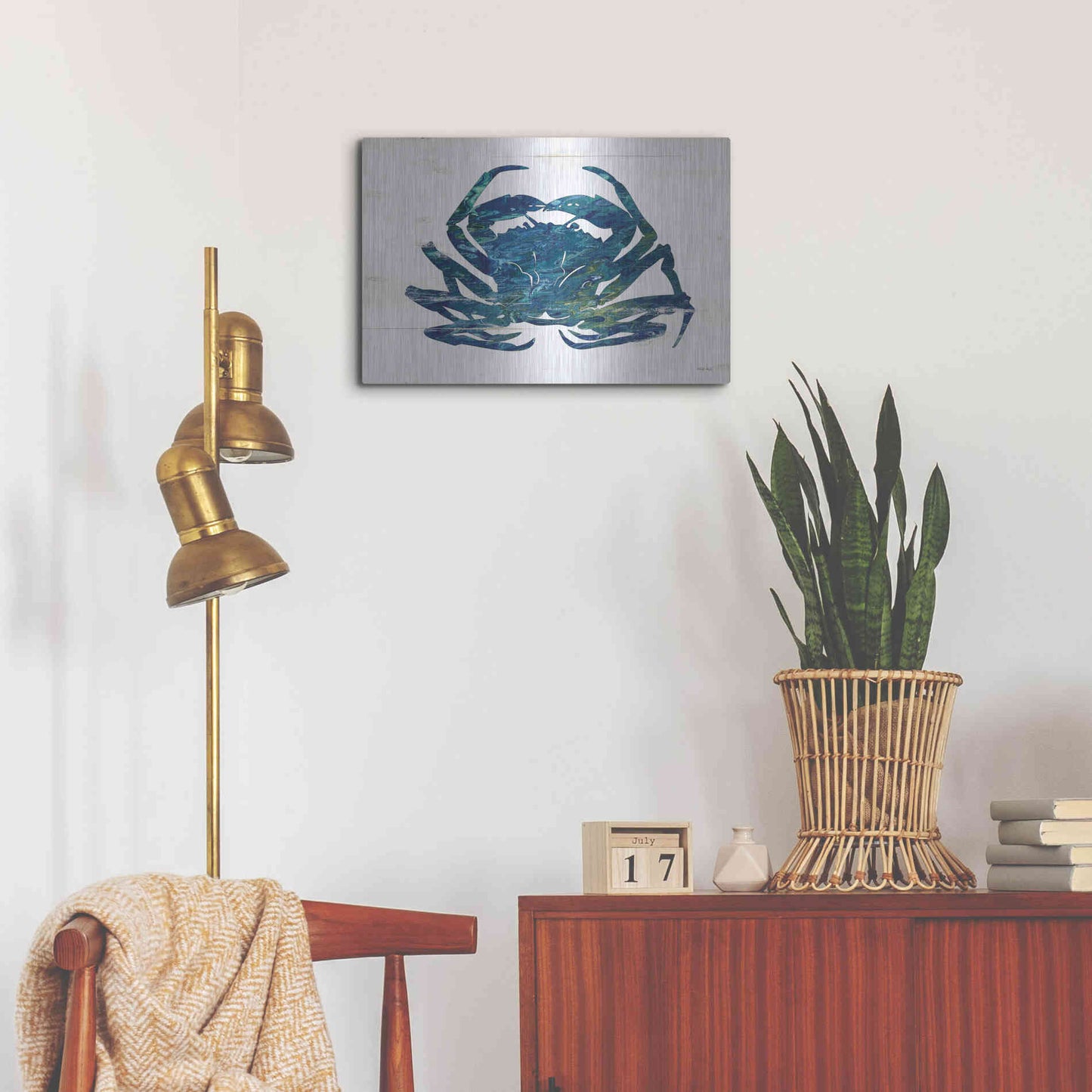 Luxe Metal Art 'Blue Coastal Crab' by Cindy Jacobs, Metal Wall Art,24x16