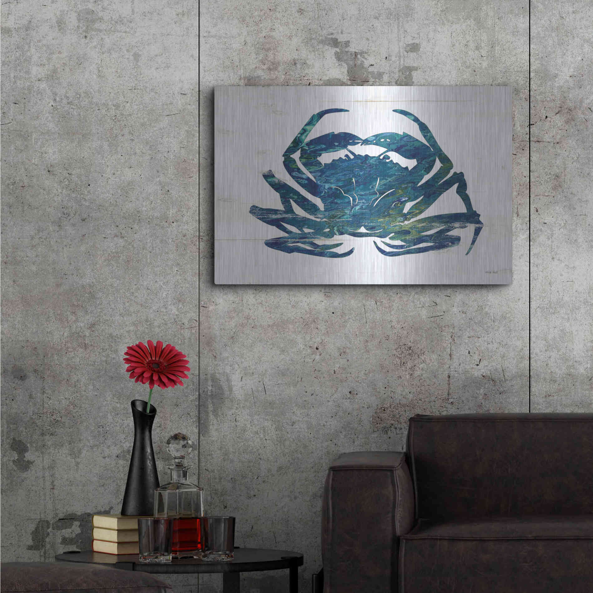 Luxe Metal Art 'Blue Coastal Crab' by Cindy Jacobs, Metal Wall Art,36x24