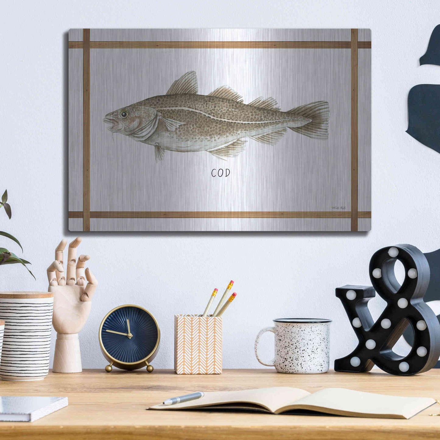 Luxe Metal Art 'Cod on White' by Cindy Jacobs, Metal Wall Art,16x12