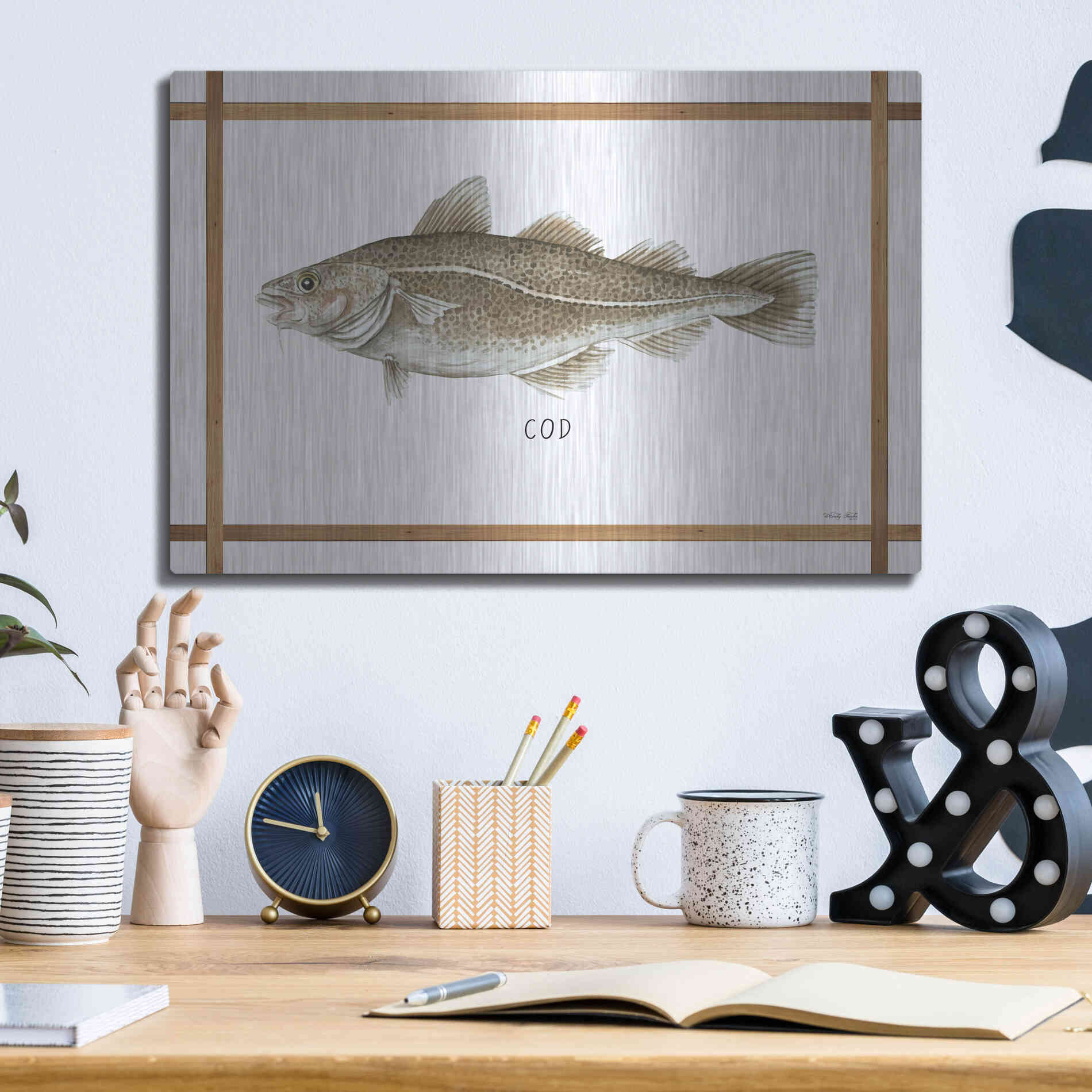 Luxe Metal Art 'Cod on White' by Cindy Jacobs, Metal Wall Art,16x12