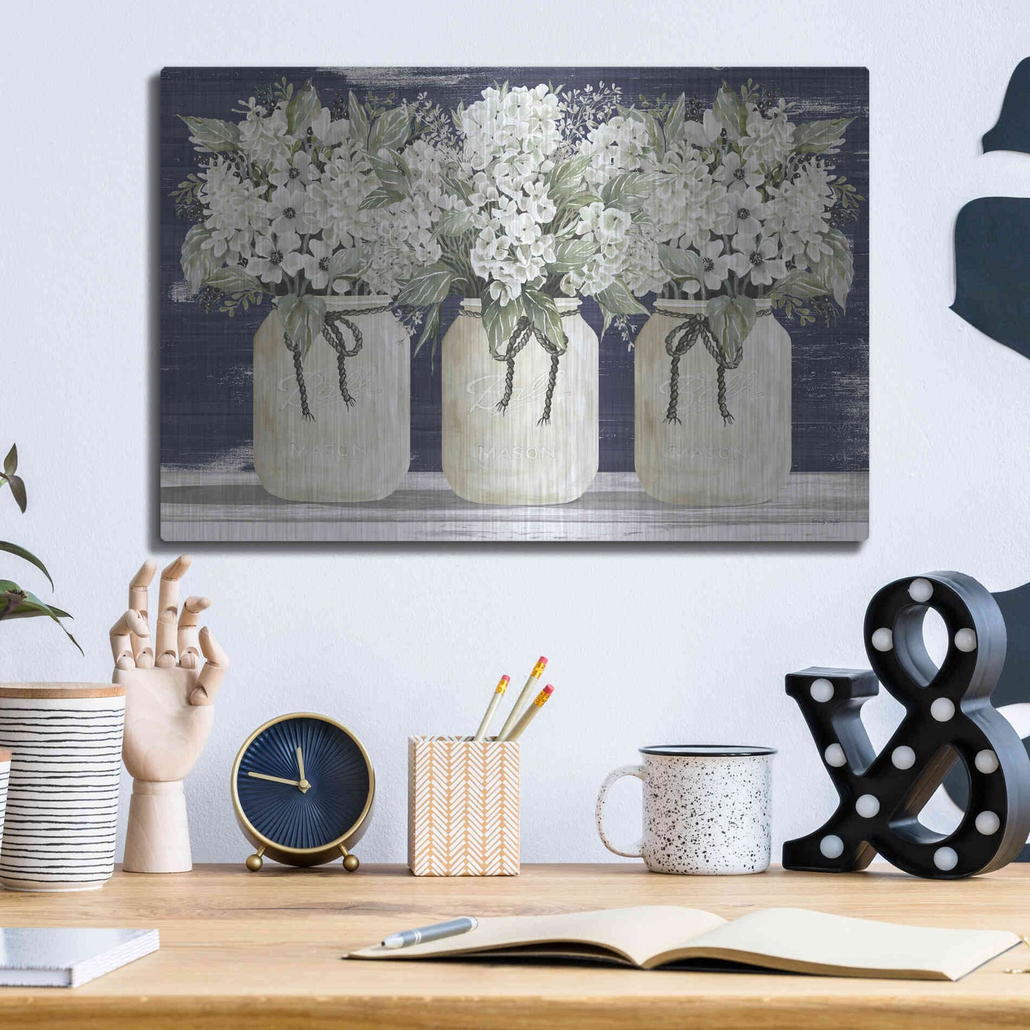 Luxe Metal Art 'White Floral Trio' by Cindy Jacobs, Metal Wall Art,16x12