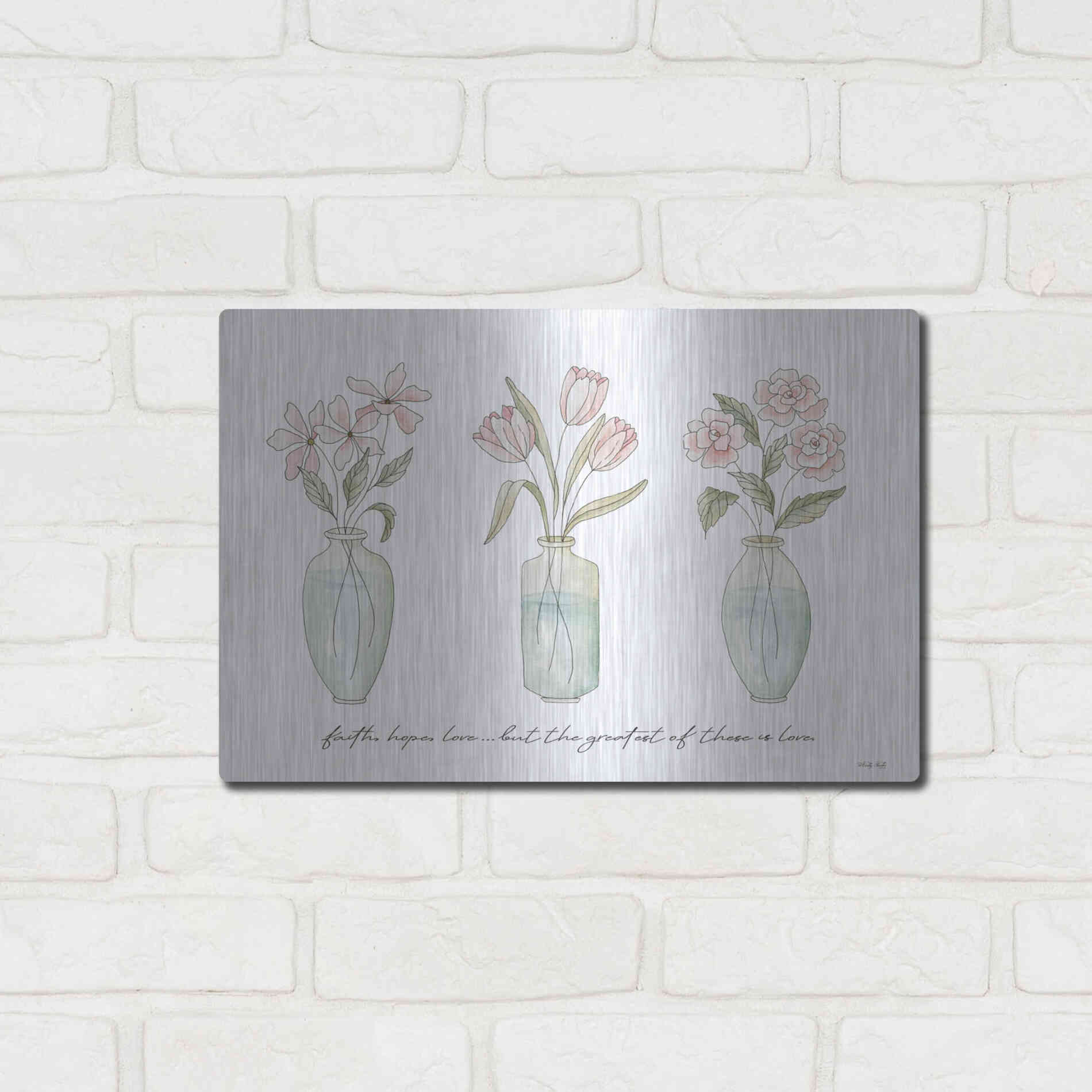 Luxe Metal Art 'Faith, Hope, Love Flower Vases' by Cindy Jacobs, Metal Wall Art,16x12