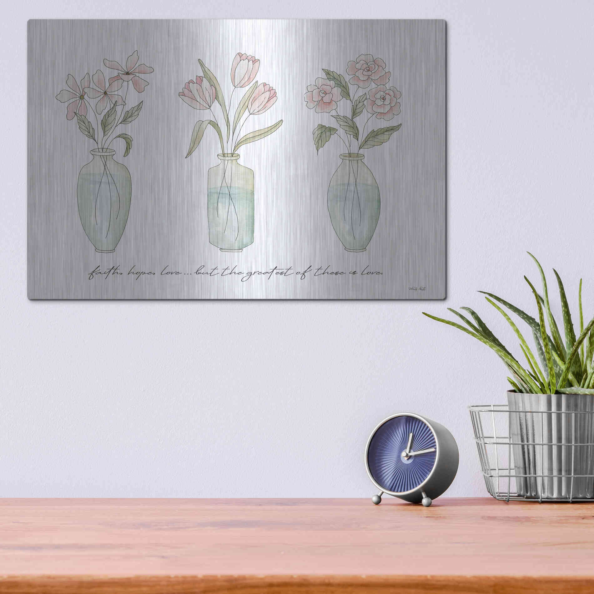 Luxe Metal Art 'Faith, Hope, Love Flower Vases' by Cindy Jacobs, Metal Wall Art,16x12