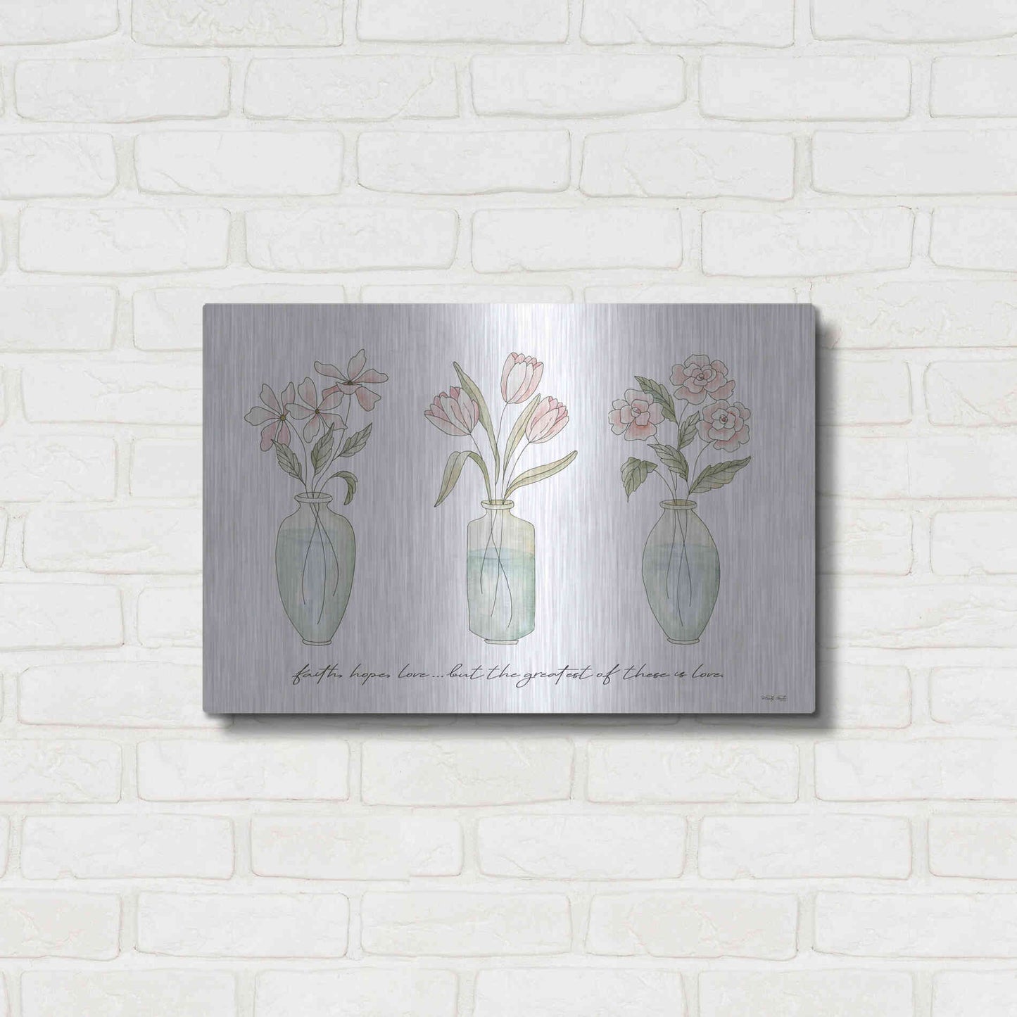 Luxe Metal Art 'Faith, Hope, Love Flower Vases' by Cindy Jacobs, Metal Wall Art,24x16