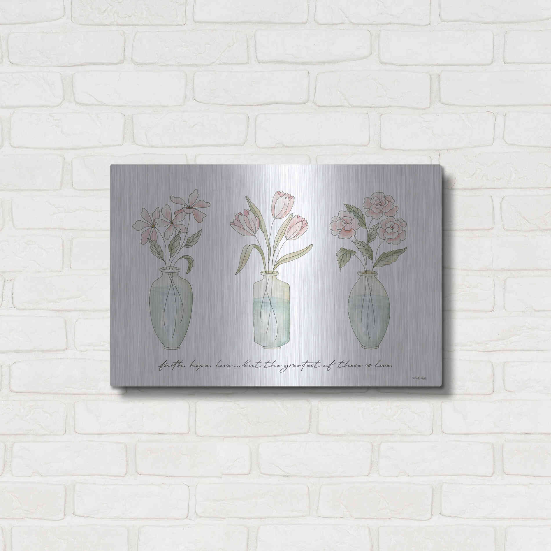 Luxe Metal Art 'Faith, Hope, Love Flower Vases' by Cindy Jacobs, Metal Wall Art,24x16