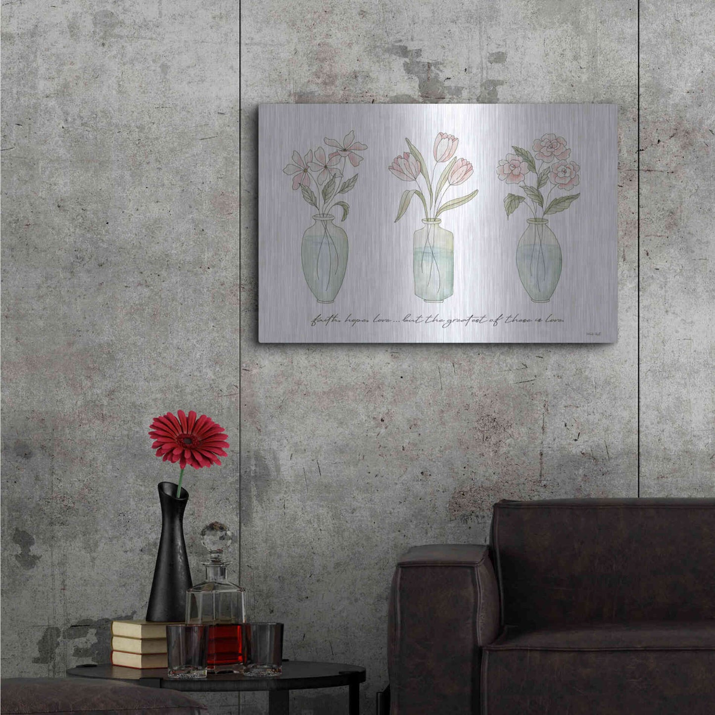 Luxe Metal Art 'Faith, Hope, Love Flower Vases' by Cindy Jacobs, Metal Wall Art,36x24
