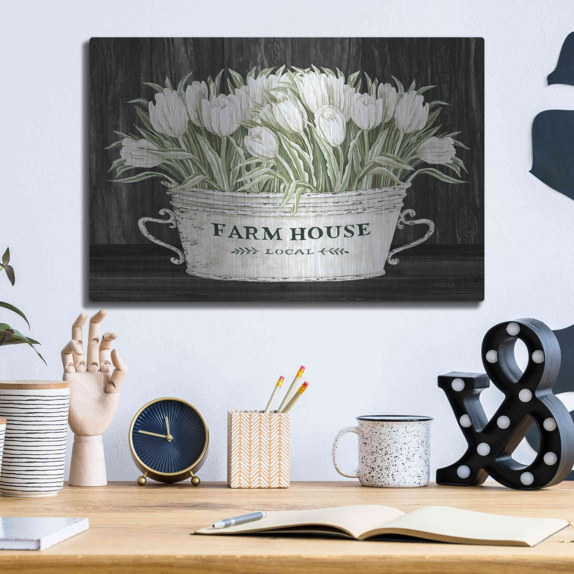 Luxe Metal Art 'Farmhouse Tulips' by Cindy Jacobs, Metal Wall Art,16x12