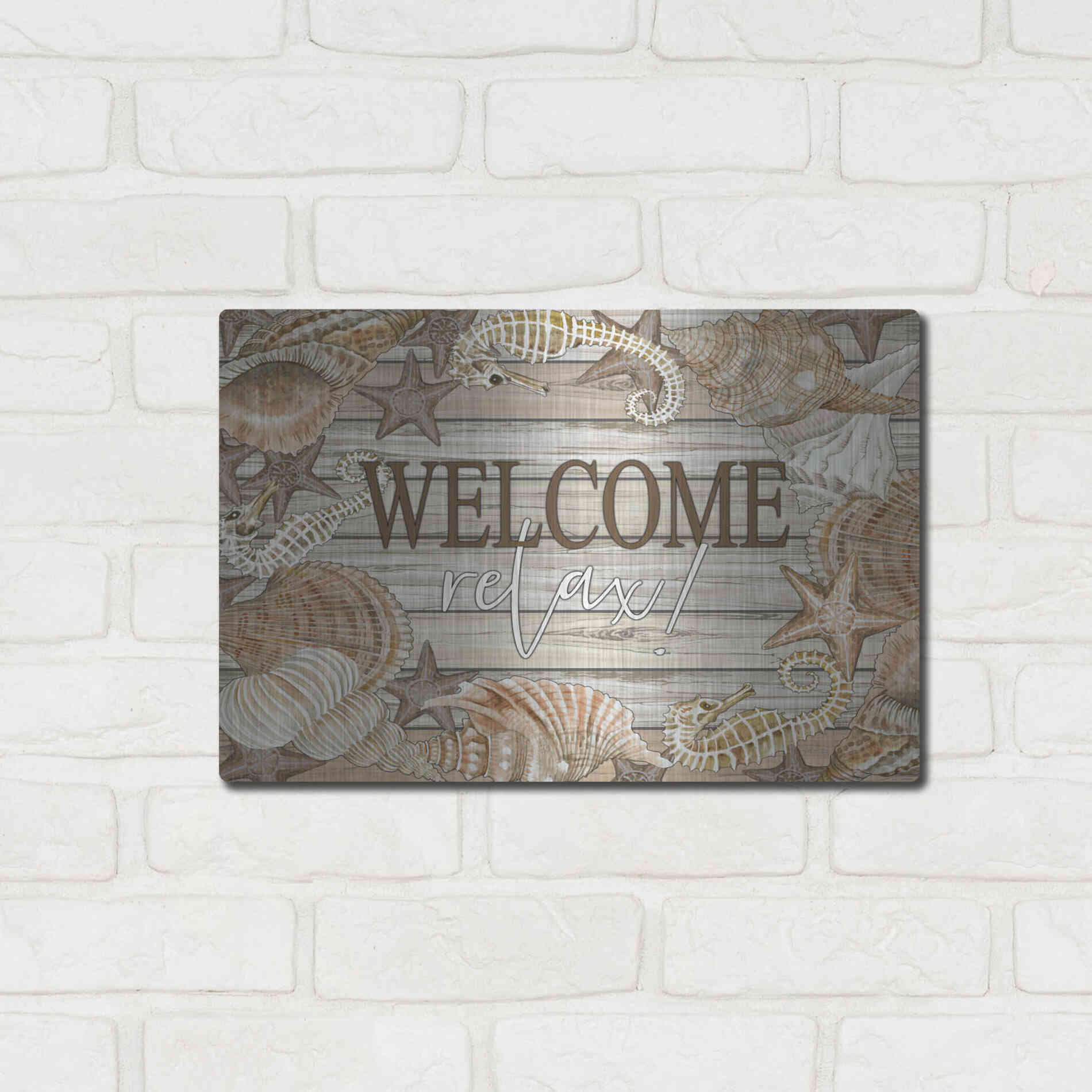 Luxe Metal Art 'Beach Welcome and Relax' by Cindy Jacobs, Metal Wall Art,16x12