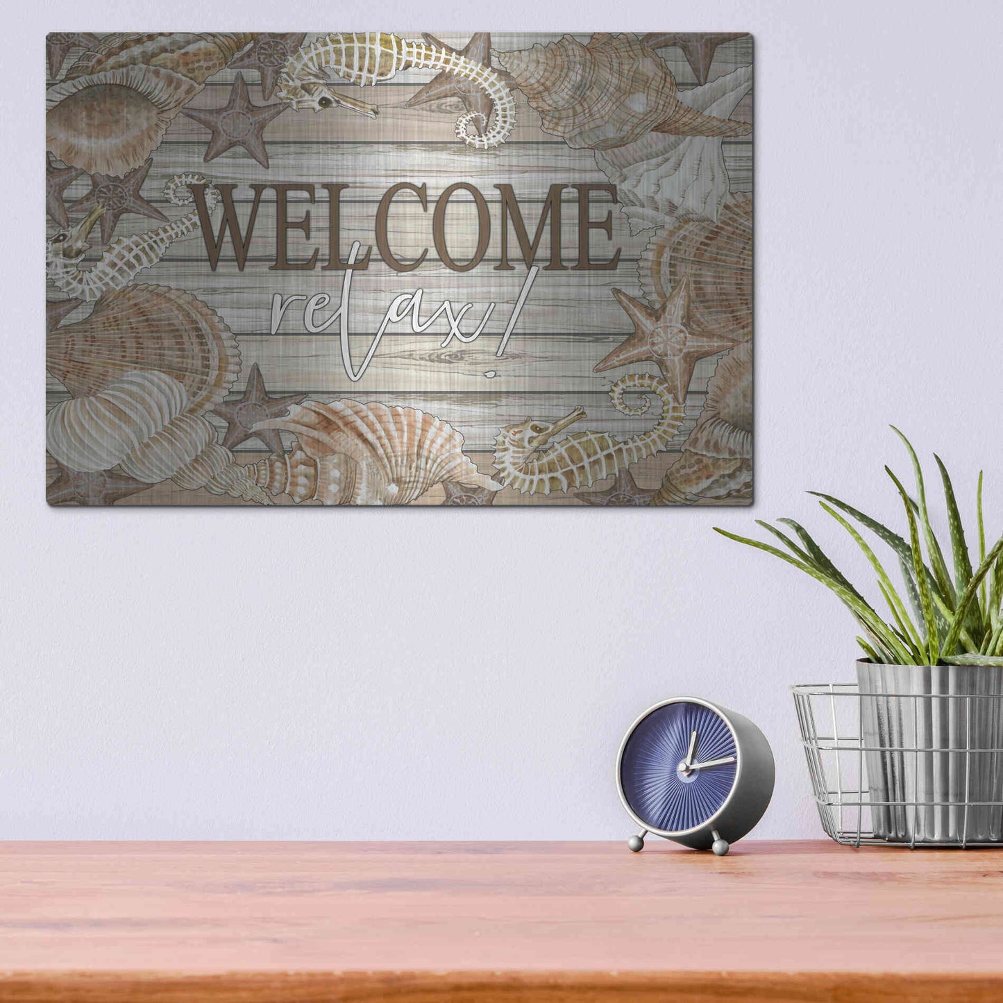 Luxe Metal Art 'Beach Welcome and Relax' by Cindy Jacobs, Metal Wall Art,16x12