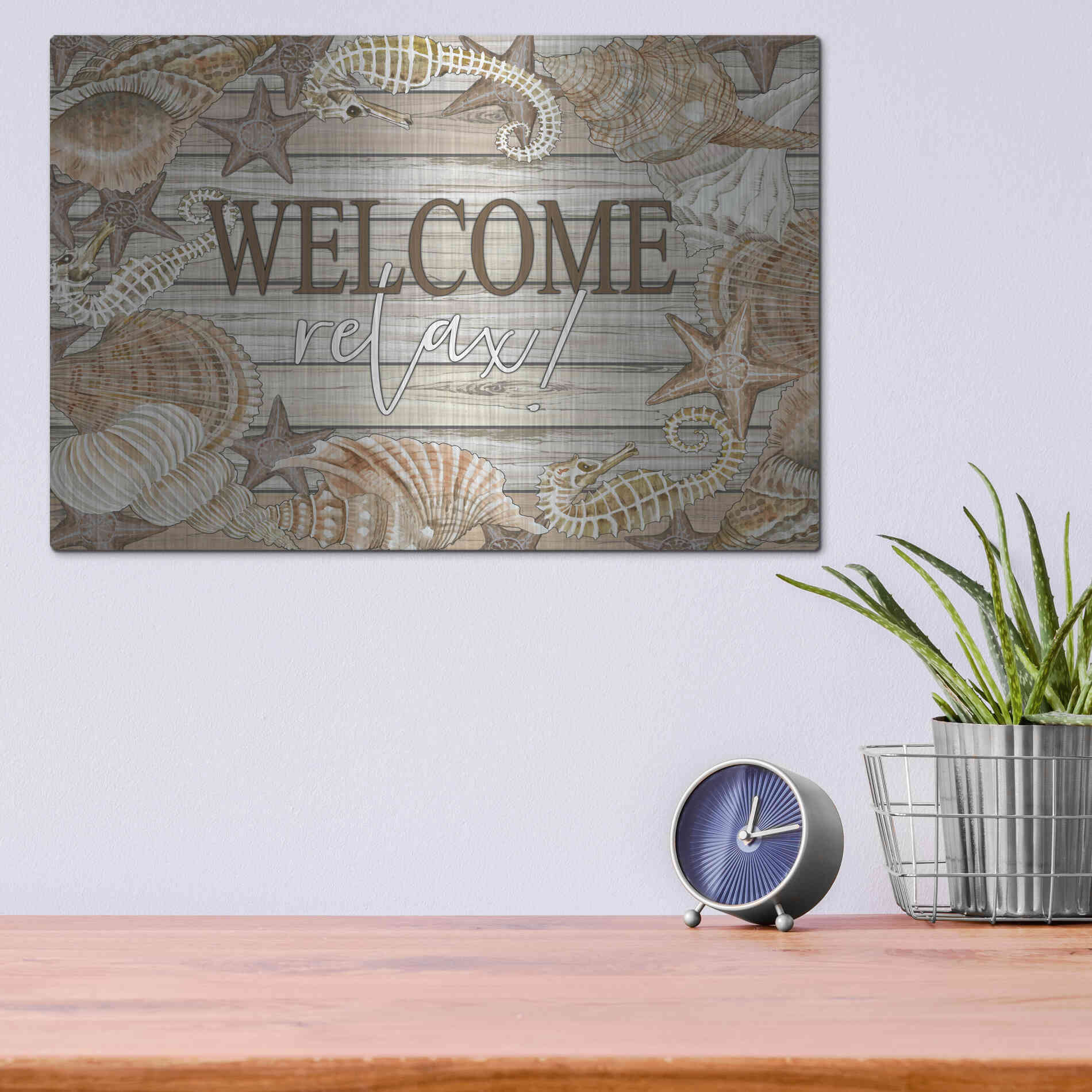 Luxe Metal Art 'Beach Welcome and Relax' by Cindy Jacobs, Metal Wall Art,16x12