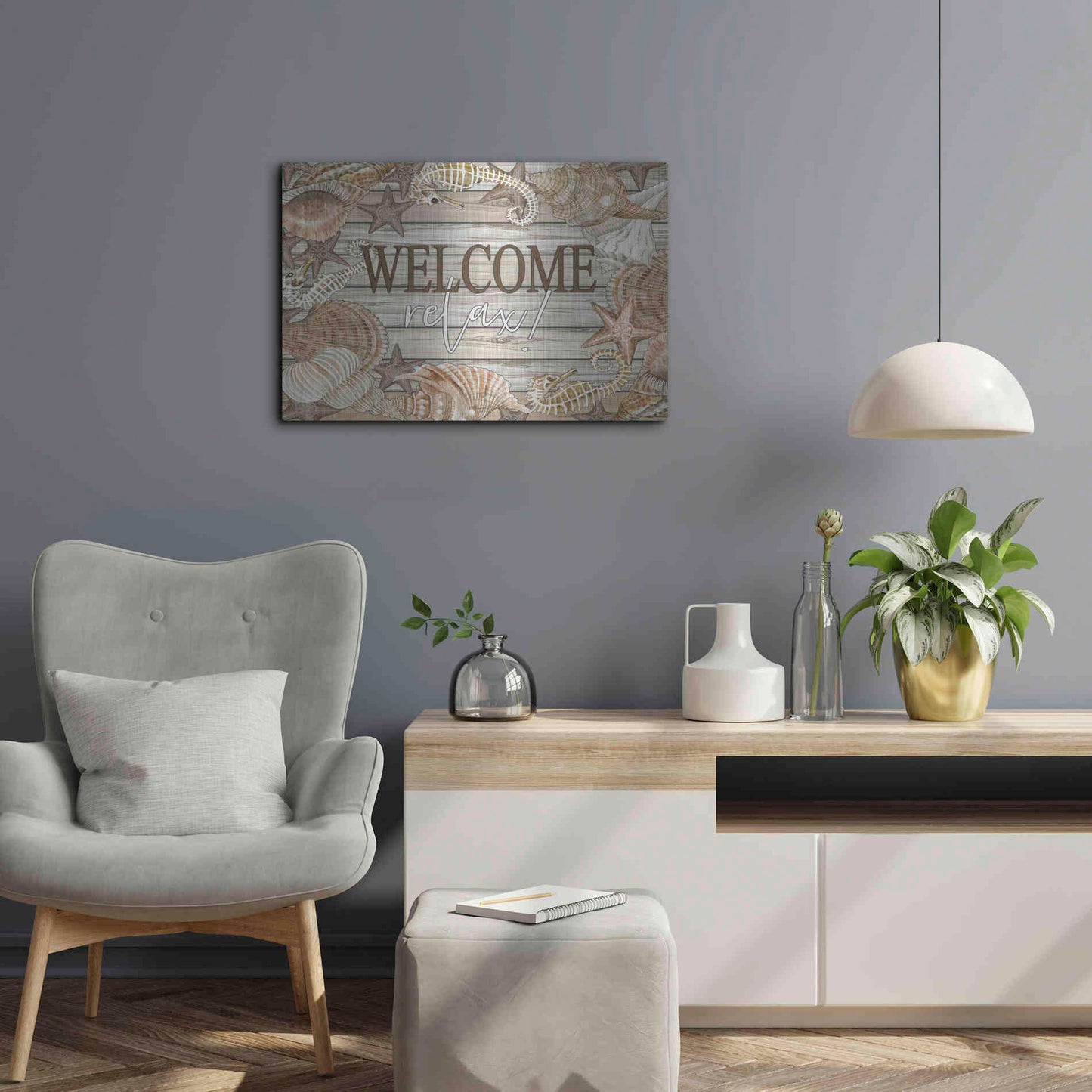 Luxe Metal Art 'Beach Welcome and Relax' by Cindy Jacobs, Metal Wall Art,24x16