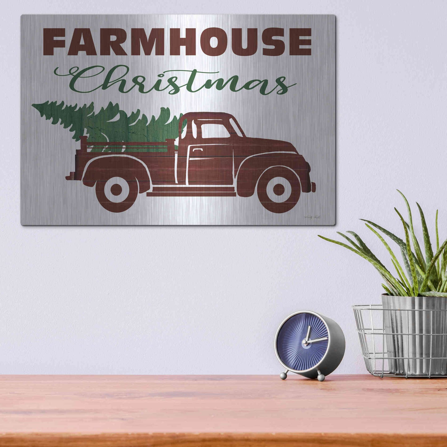 Luxe Metal Art 'Farmhouse Christmas Truck' by Cindy Jacobs, Metal Wall Art,16x12